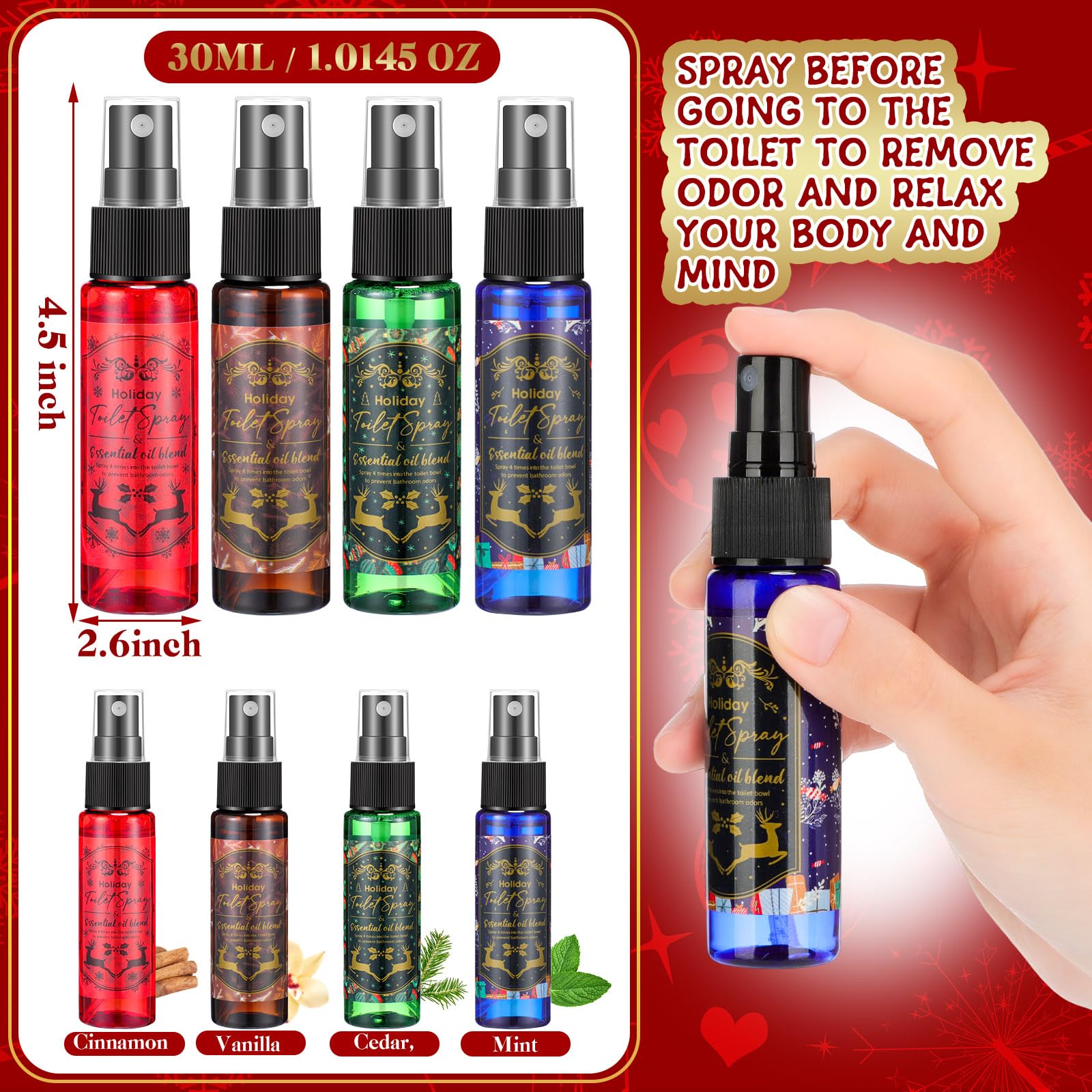 24-Pack Mini 1 oz Valentine's Day Toilet Spray - Holiday Travel Essential, Christmas Stocking Stuffer Gift for Men & Women (4 Fragrance Options) - Perfect for Bathroom, Office, Car & Travel Use