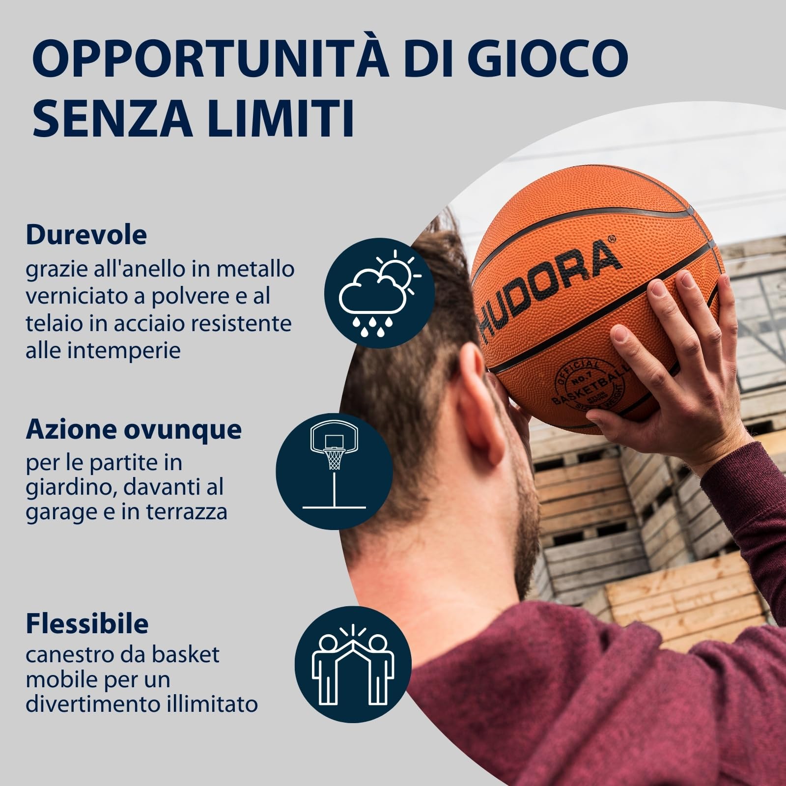 HUDORA Competition Pro Adjustable Height Basketball Hoop for Kids, Teens & Adults - Portable Outdoor Basketball Goal with Wheels - Perfect for Driveway, Backyard & Park Play