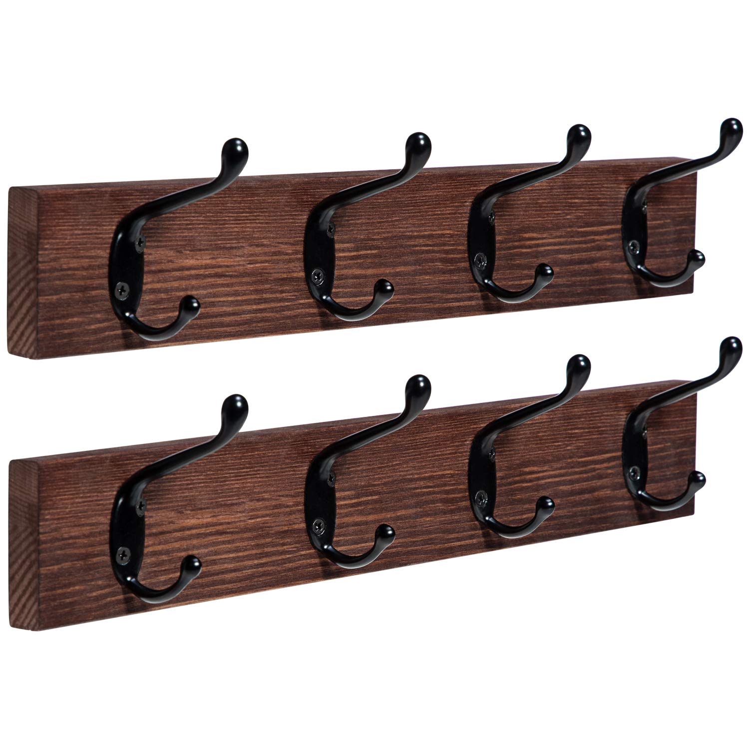 Y&ME YM Rustic Coat Rack Wall Mounted - 2 Pack Solid Wood Entryway Coat Hooks with 4 Metal Hooks - Farmhouse Style Hat & Coat Hanger for Clothes, Towels, Purses & Robes - Perfect for Bathroom, Bedroom, Mudroom & Hallway Organization