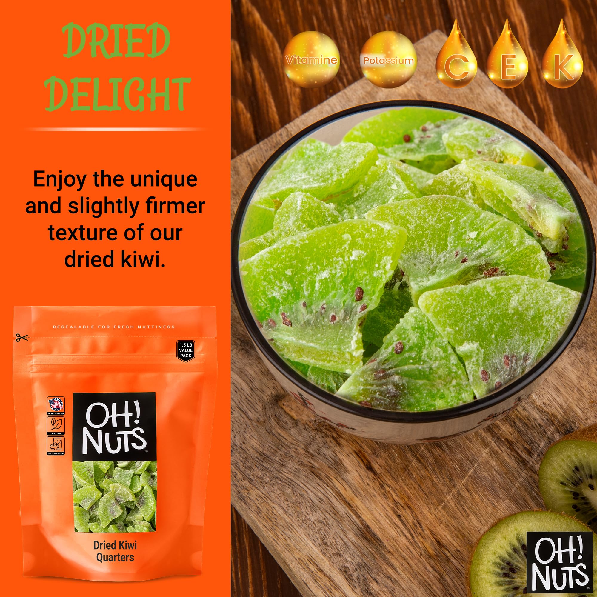 Sweetened Dried Kiwi Slices - 1 LB Dehydrated Fruit Snacks | Natural Kiwi Quarters | Resealable Freshness Zip Bag | Healthy Snack for Hiking, Office & Kids Lunch Boxes | Packed in USA by Oh Nuts