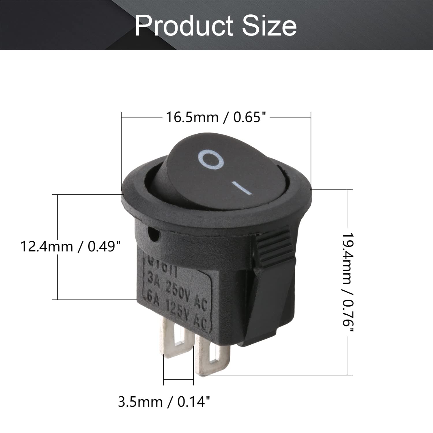 Fielect 10Pcs SPST 2 Position On/Off Round Rocker Toggle Switch - 2 Terminal, AC 125V/6A 250V/3A, Black Boat Switch for Marine, Automotive & Industrial Applications