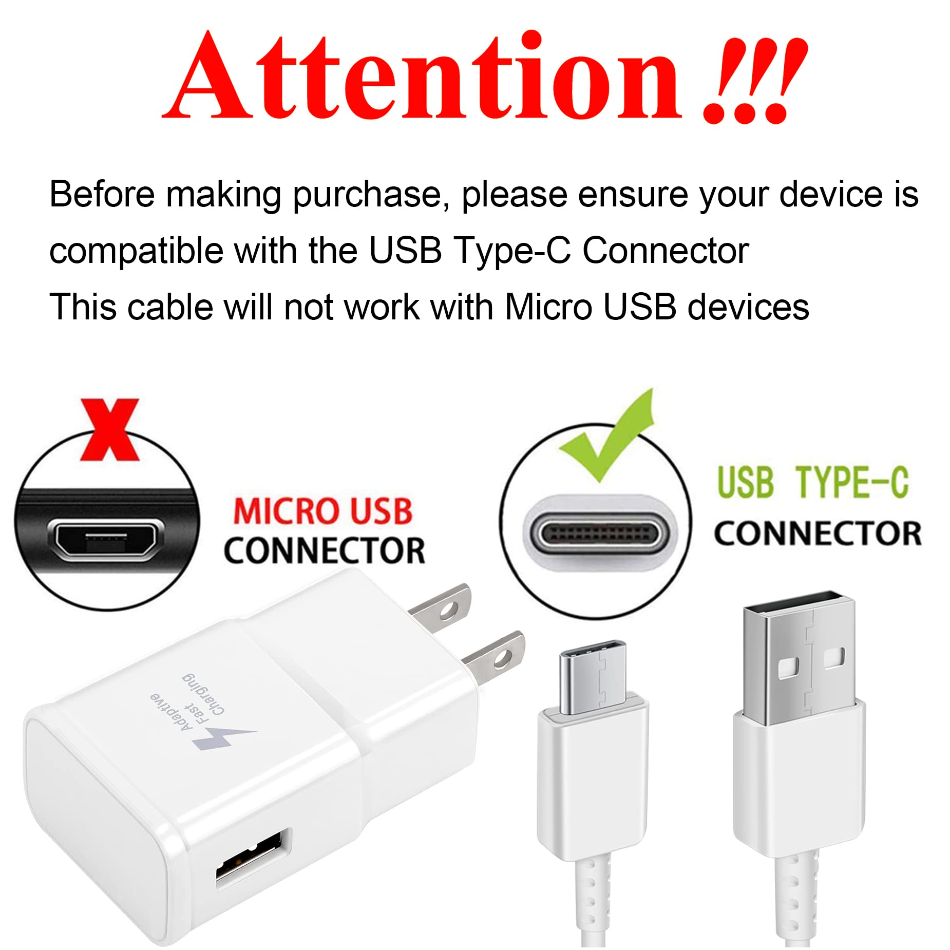 Fast Charging USB-C Kit - 5FT Type C Cable & Adaptive Wall Charger for Samsung Galaxy S21/S21+/S10/S10e/S9/S8/A51/Z Flip3/A53/A71/Note 8/9, Google Pixel 3/2XL - Original Replacement Charger for Home, Office & Travel