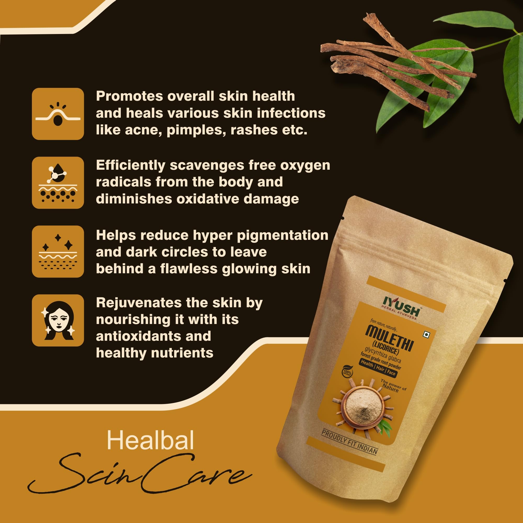 IYUSH Ayurvedic Mulethi Powder (Licorice Root Powder) 400g - Natural Skin Whitening, Brightening & Glowing Face Treatment | Organic Herbal Supplement for Healthy Skin & Digestion | Perfect for DIY Face Masks, Smoothies & Herbal Teas