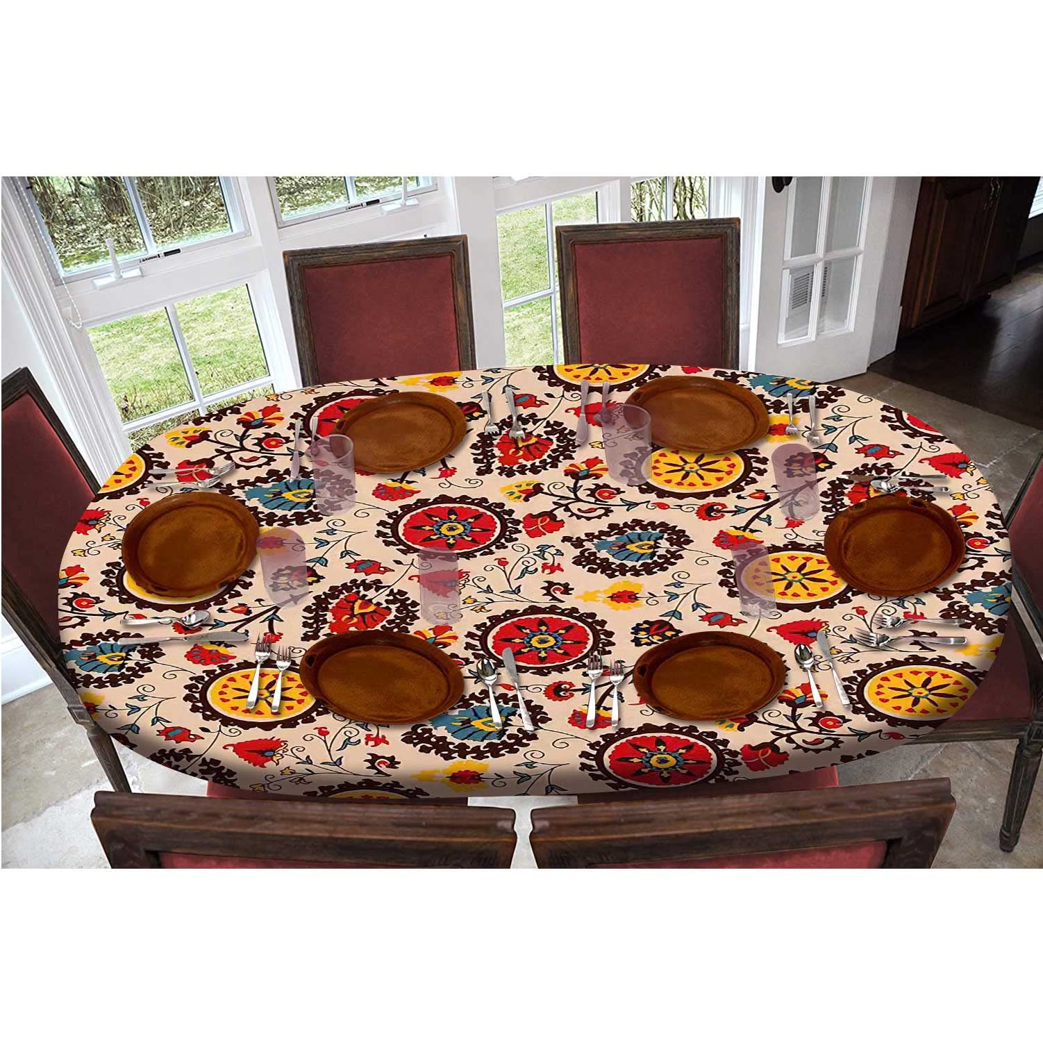 Boho Sunflower Oval Fitted Tablecloth - Waterproof Wrinkle-Resistant Elastic Edge Table Cover for 48