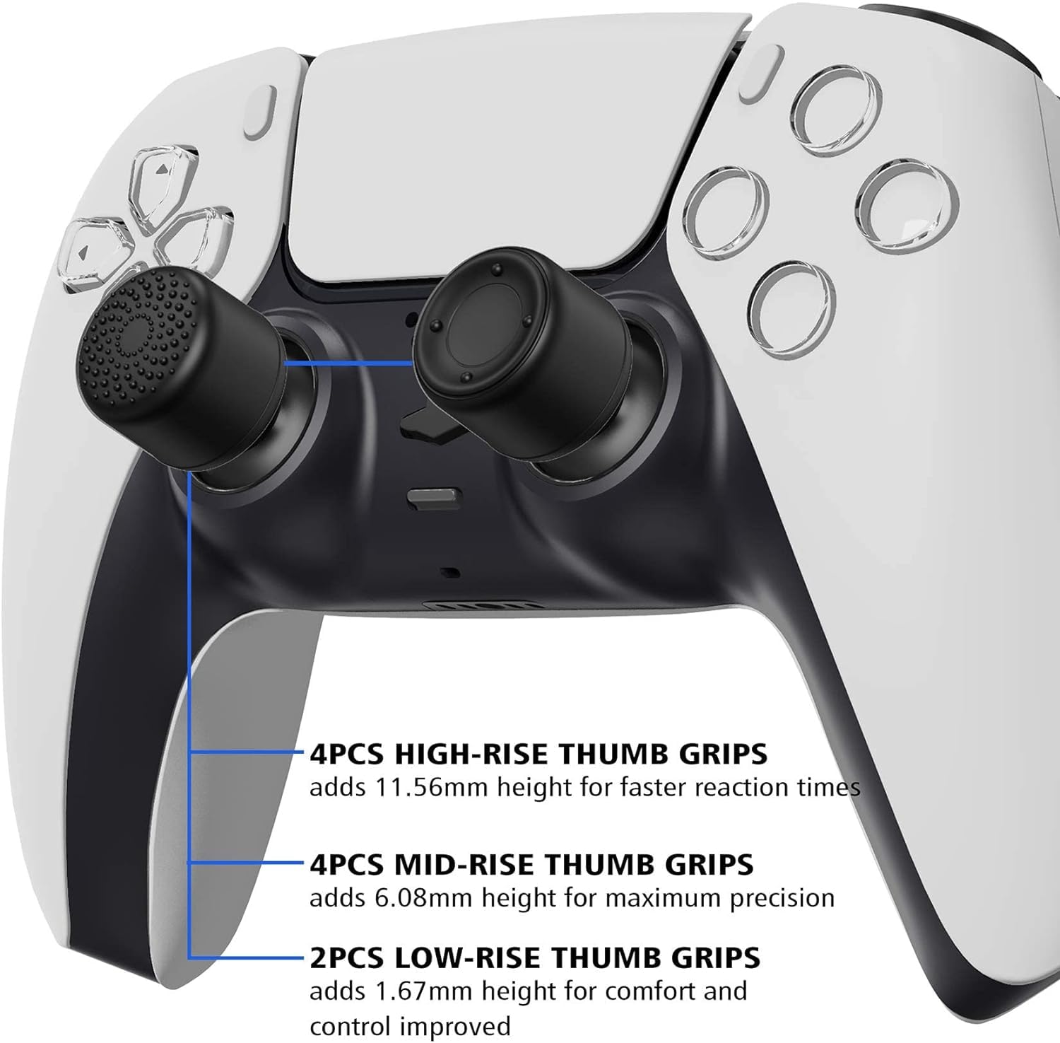 MaD Vision® 4 Pairs (8 Pieces) Ergonomic Thumb Grips for PS5/PS4, Xbox Series X/S/One/360 & Nintendo Switch Pro Controllers - Multiple Thicknesses & Textures [14/8/6 mm] - Black - Improve Gaming Comfort & Grip for Long Sessions
