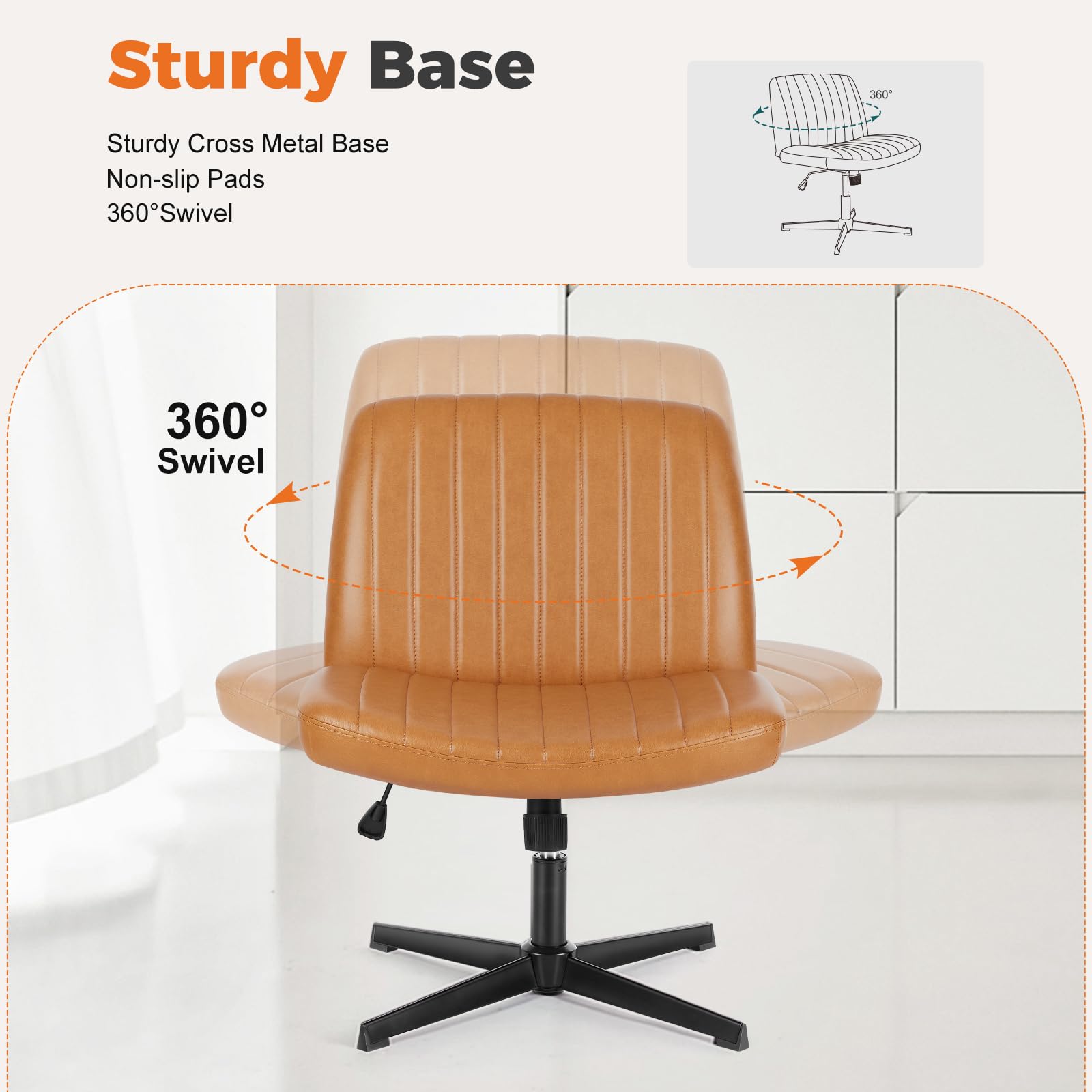 Sweetcrispy Cross Legged Office Chair - Armless Wide Desk Chair Without Wheels, Adjustable Swivel Home & Vanity Chair for Small Spaces | Perfect for Home Office, Study Room, Dormitory & Makeup Station