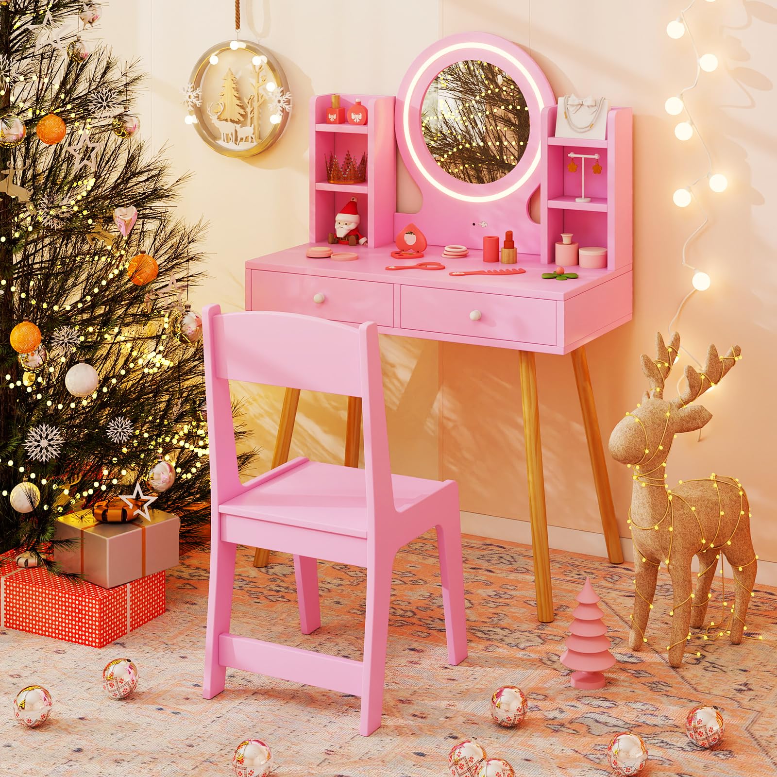 Costzon Pink Wooden Kids Vanity Set with Mirror, Stool, Lights & Storage - Toddler Makeup Dressing Table for Pretend Play, Birthday Gifts for Girls - Perfect for Bedroom Decor & Role Play Activities