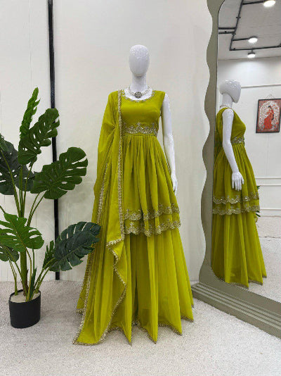 Lime Green Georgette Embroidery Sharara Palazzo Suit Set for Women - Elegant Indian Pakistani Party Wear for Weddings, Festivals & Special Occasions