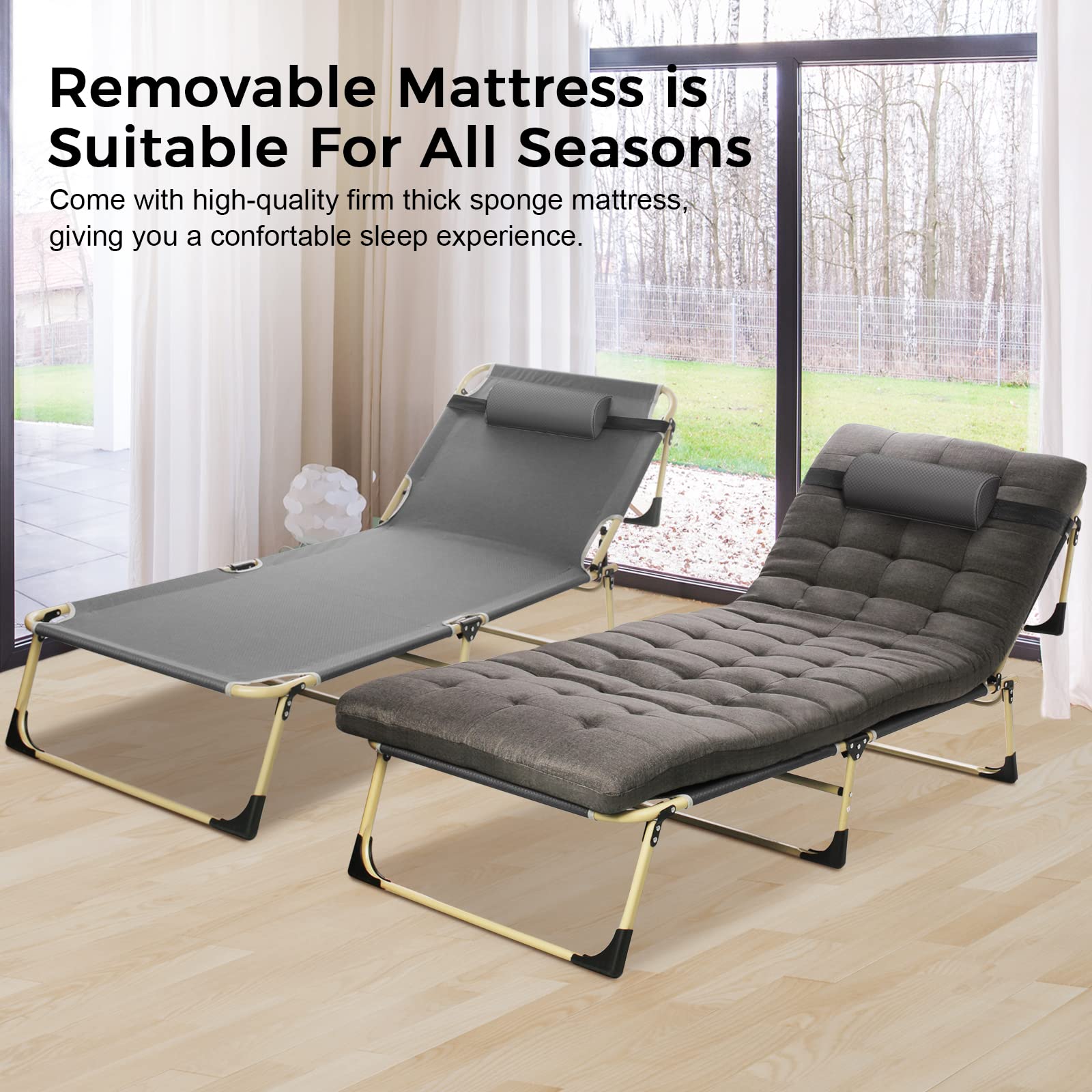 Todeco Grey Folding Bed with Mattress for Adults - Portable Foldable Guest Bed with Headrest & 4-Position Adjustable Recliner - Perfect for Camping, Indoor, Patio, Hospital Use - Great for Guest Rooms, Small Spaces & Outdoor Relaxation