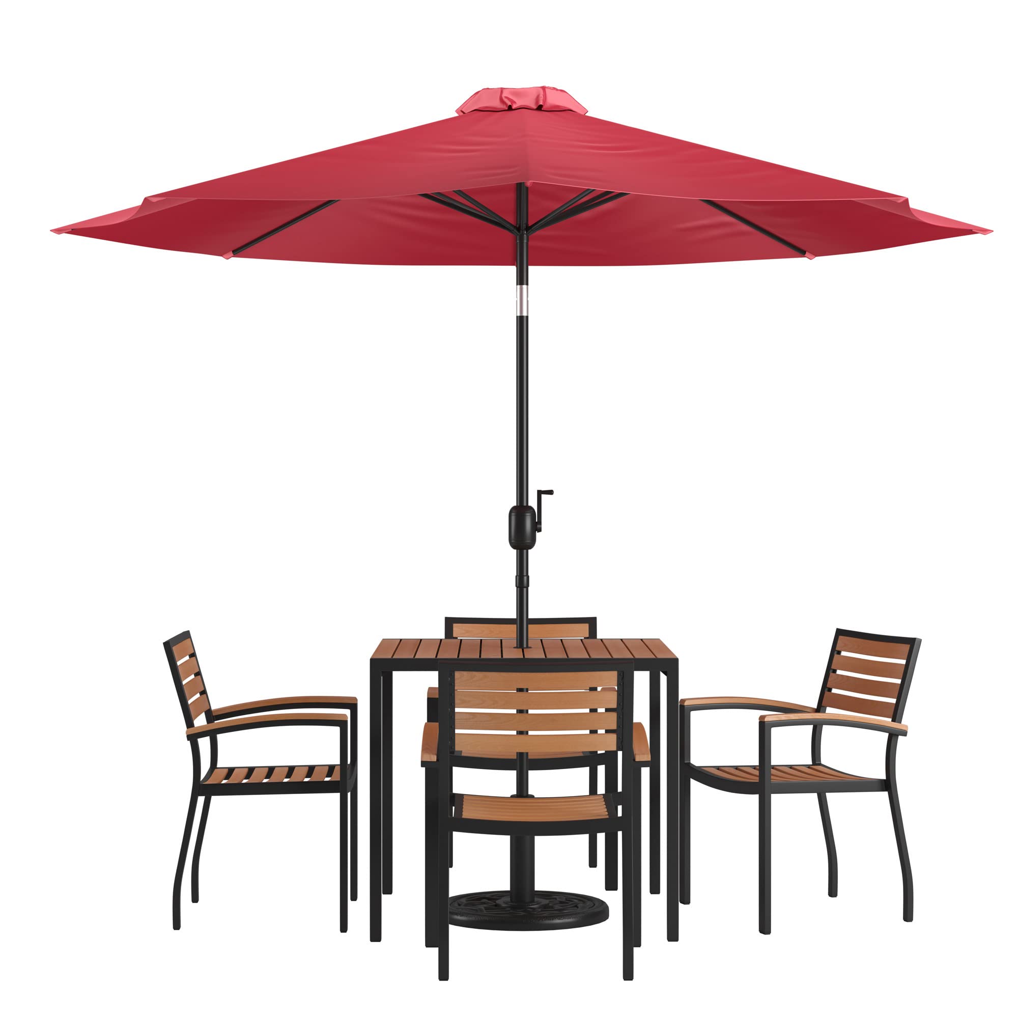 Flash Furniture Lark 7-Piece Outdoor Patio Dining Set - 4 Stackable Synthetic Teak Arm Chairs & 35