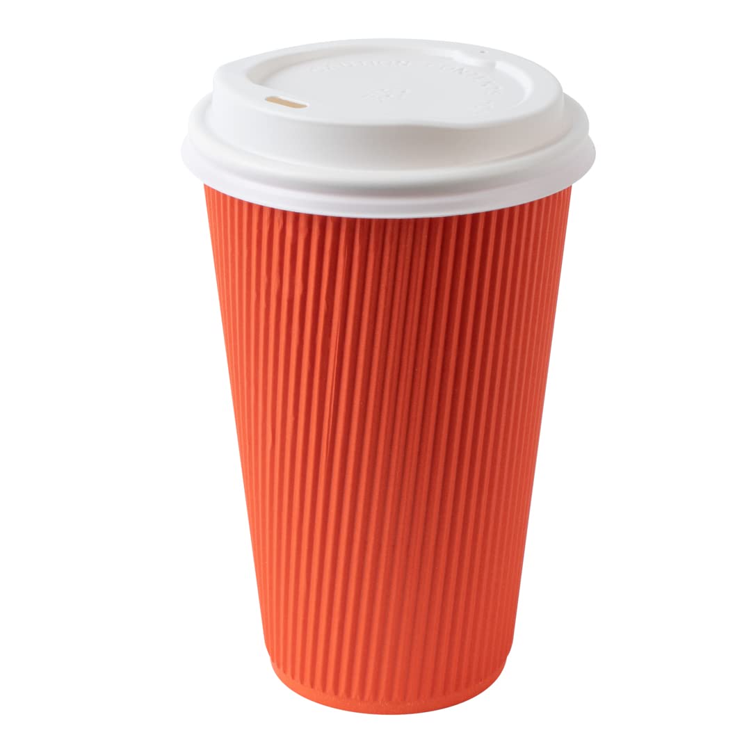 16oz Insulated Coffee Cups with Lids - 200 Pack Leakproof Disposable Hot Drink Cups for Coffee, Tea & Cocoa | Non-Slip Ripple Wall Design | Tangerine Orange Paper Cups for Restaurants, Cafes & Office Use