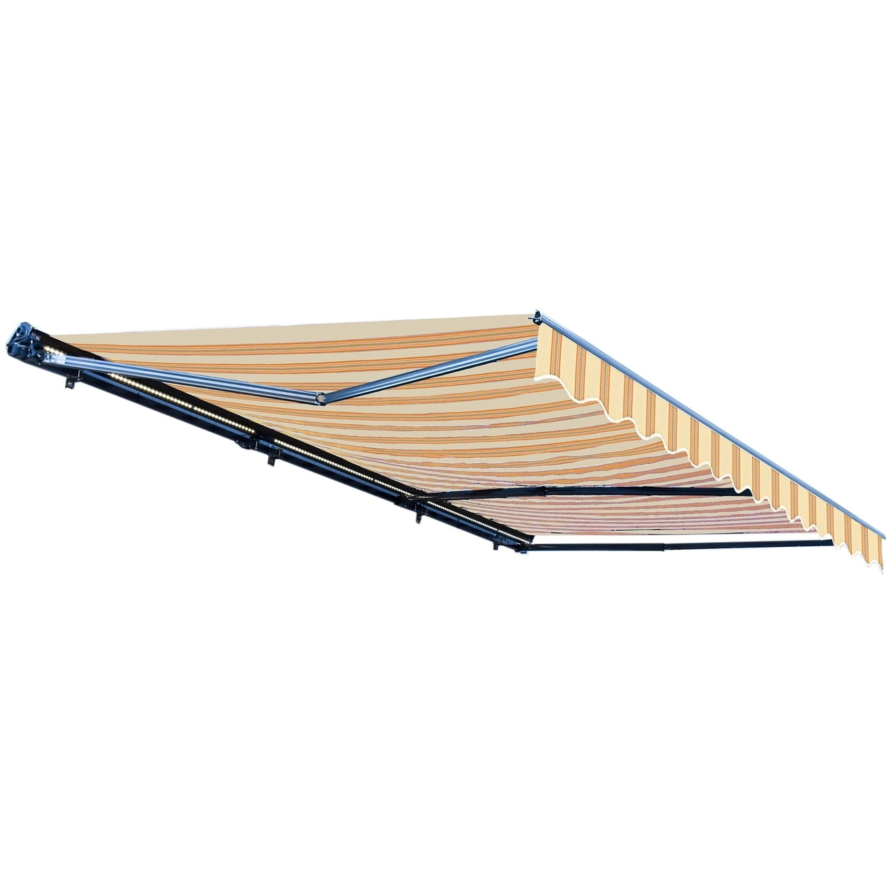 20x10ft Aleko Half Cassette Motorized Retractable LED Patio Awning - Multi-Striped Yellow Luxury Sunshade for Outdoor Decks, Gardens & Poolside Relaxation