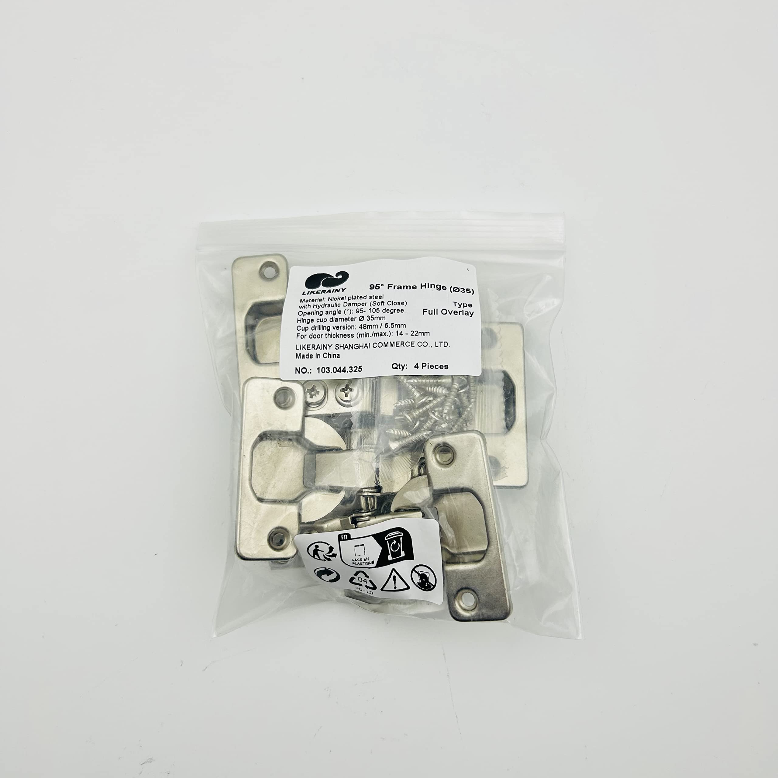 LIKERAINY 35mm Soft Close Cabinet Hinges - 95° Full Overlay Face Frame Hinge with Hydraulic Damper, Compact Mini Hinges for Cabinet, Cupboard & Wardrobe Doors (Pack of 4) - Perfect for Kitchen Cabinets, Bathroom Vanities & Closet Organizers