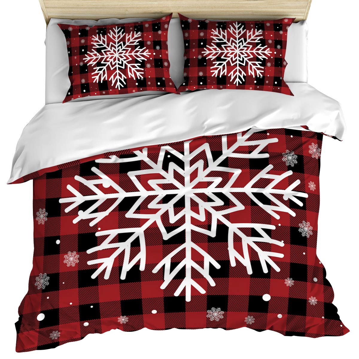 Premium King Size Duvet Cover Set - 3 Piece Christmas Snowflake Plaid Red Quilt Cover with Pillow Shams | Soft Cotton Buffalo Check Winter Bedding | Washable Rustic Farmhouse Style for Cozy Bedroom & Holiday Decor