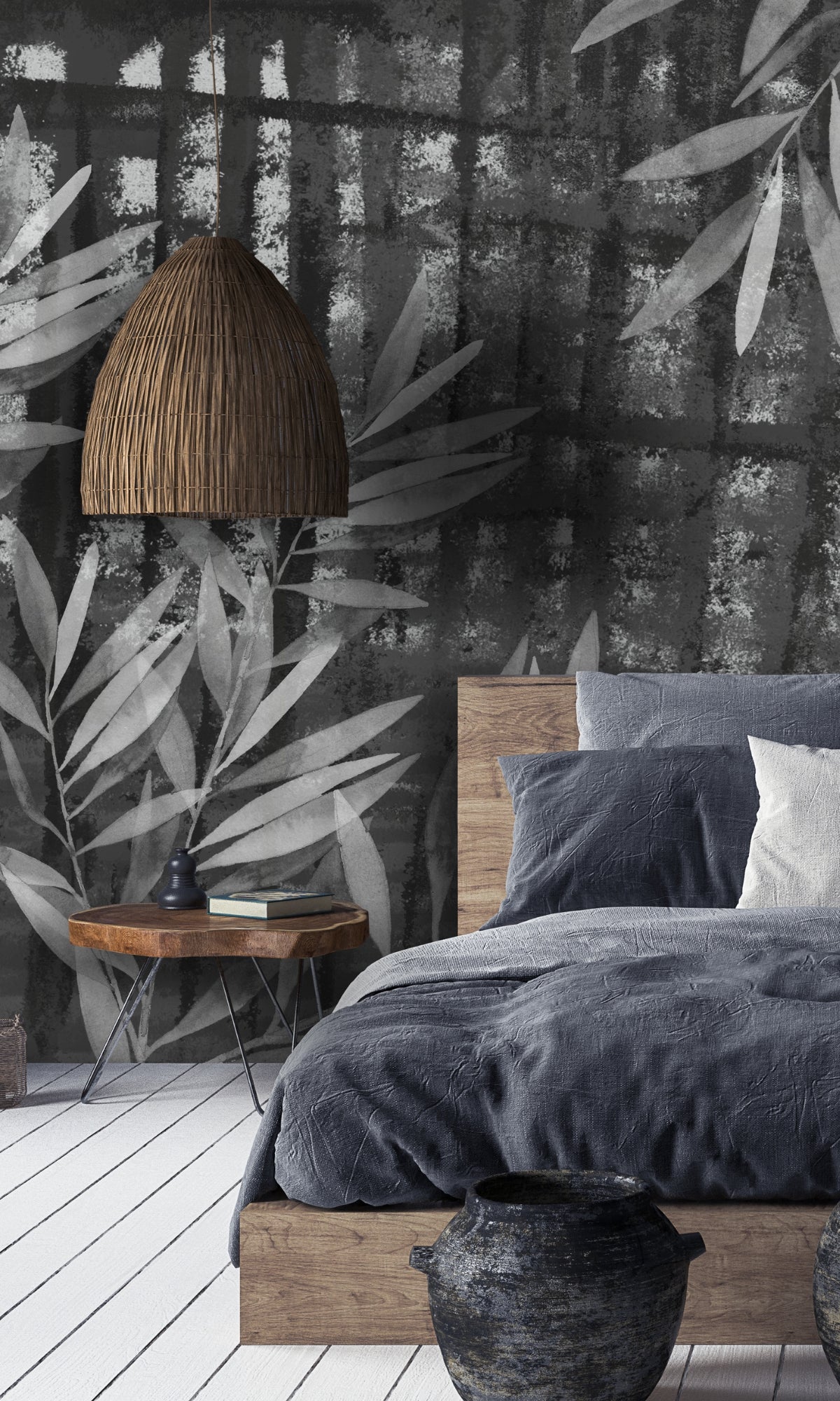 Black and White Leaf Pattern Metal Mural Wallpaper M1321 Sample - Modern Home Decor for Living Room, Bedroom, or Office Wall Accent