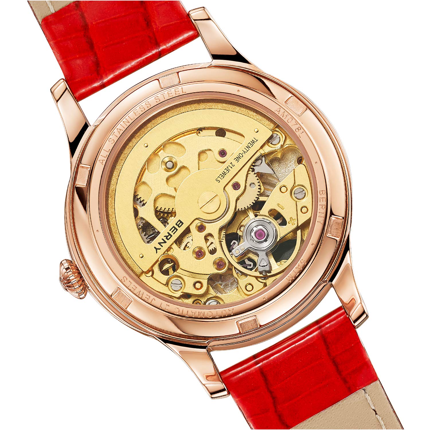 BERNY 18K Gold Women's Automatic Watch - Phoenix Series Small Dial Luxury Wristwatch (Red) | Elegant Dress Watch for Business, Party & Special Occasions
