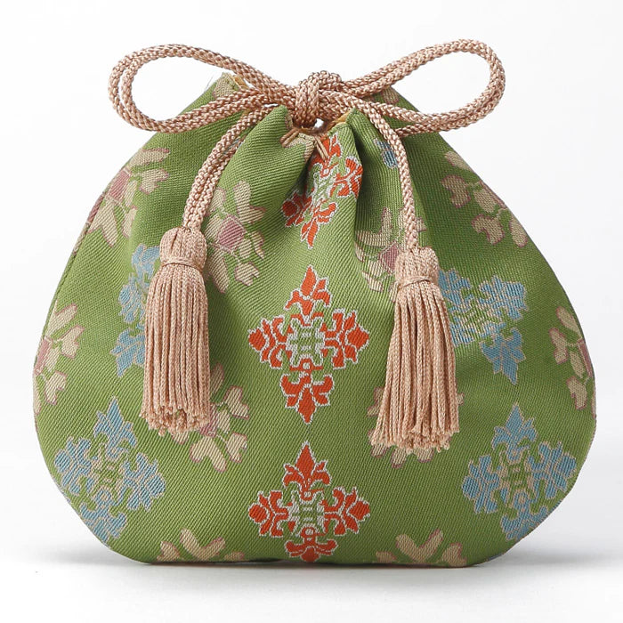 Nishijin Ori Small Drawstring Bag - Floral & Green Handmade Kyoto Japanese Traditional Craft Purse | Perfect for Gift, Cosmetics & Jewelry Storage