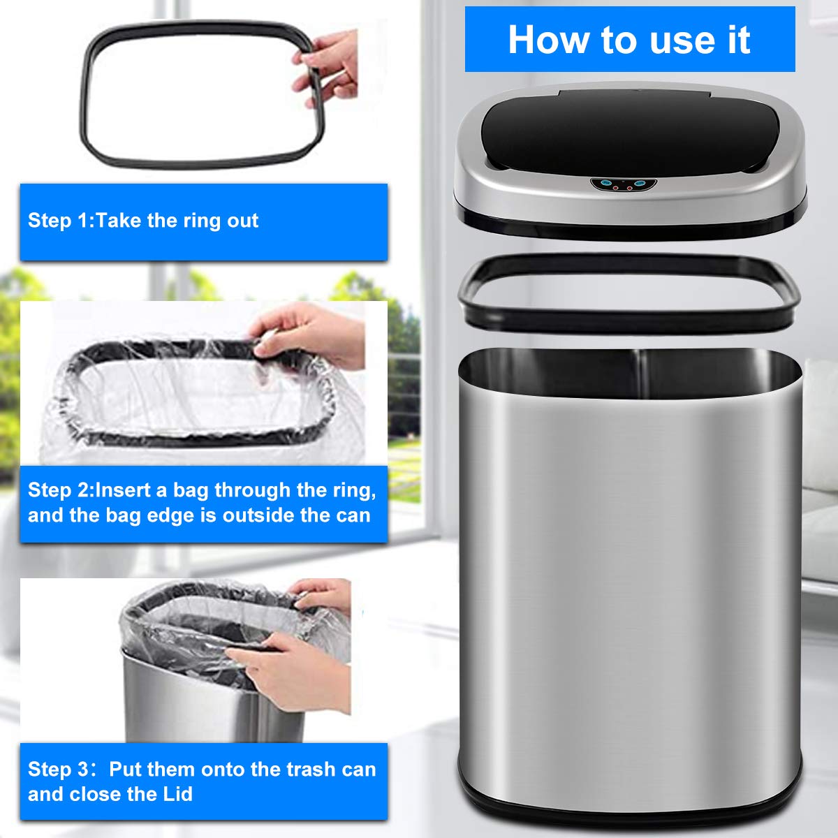 Automatic Touch-Free Stainless Steel Trash Can - 13 Gallon/50L High-Capacity Kitchen Garbage Bin with Lid for Bathroom, Bedroom & Home Office - Odor Control & Hands-Free Operation for Hygienic Waste Disposal