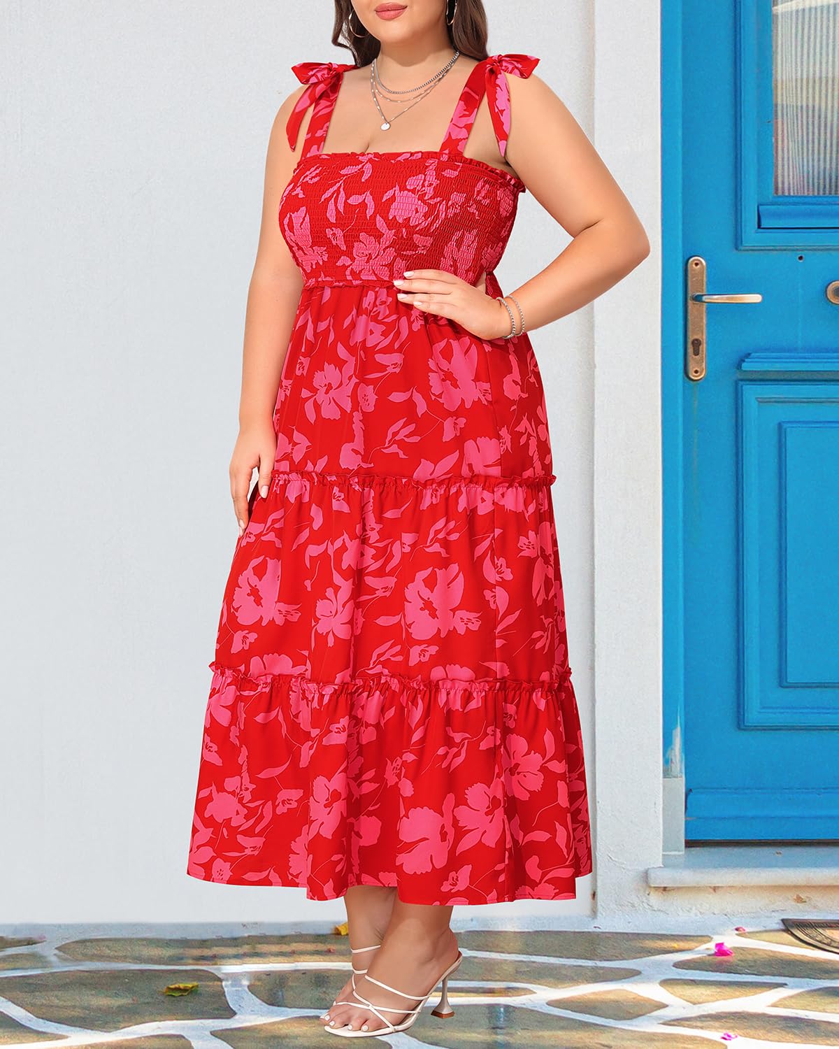Plus Size Summer Dress Women - Floral Boho Beach Maxi Dress with Smocked Tiered Design | Casual Long Sundress for Vacation, Travel & Outdoor Events