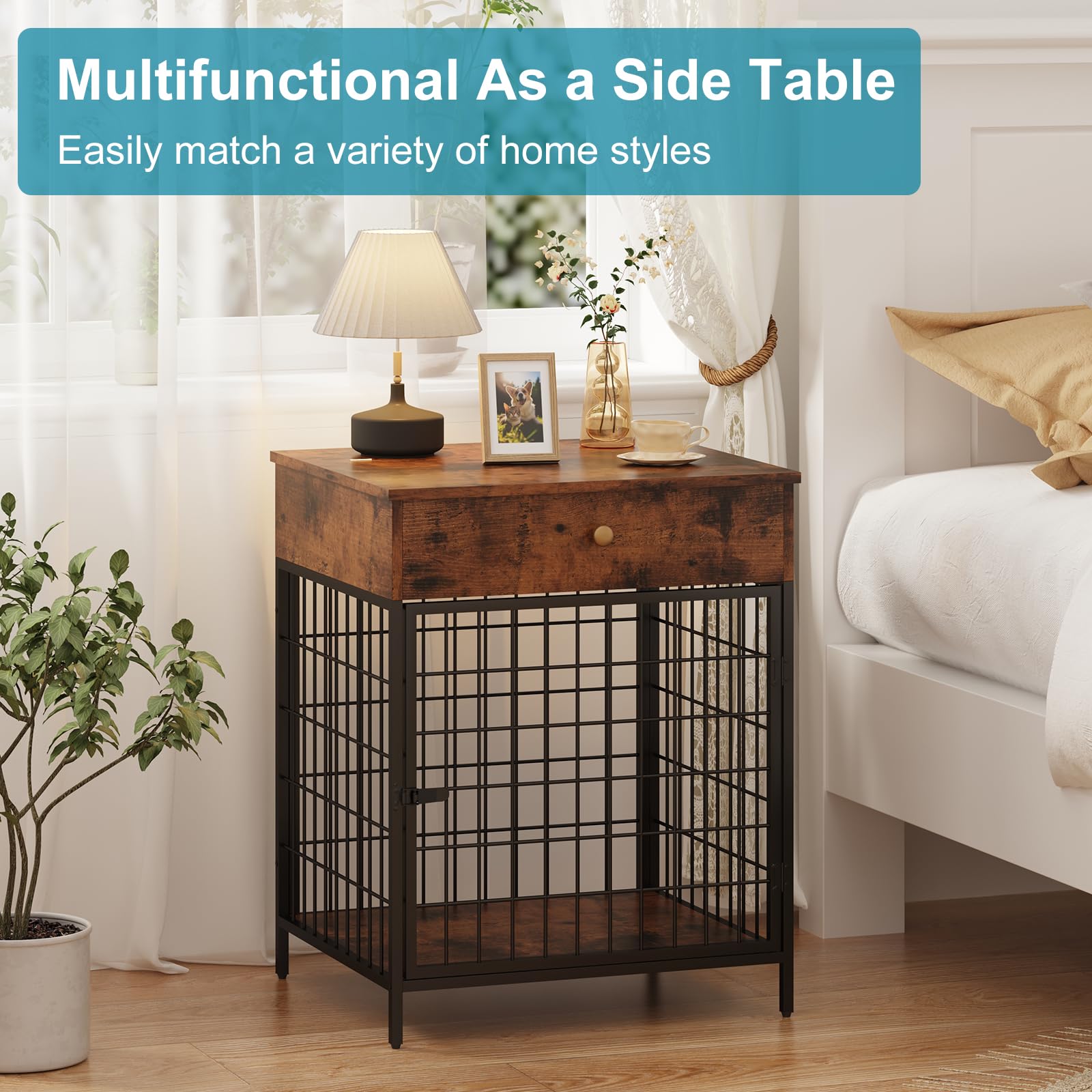 Rustic Brown Decorative Dog Kennel with Storage Drawer - Indoor Pet Crate End Table for Small Dogs | Steel-Tube Chew-Proof Dog Cage | Perfect for Living Room, Bedroom & Home Office Decor