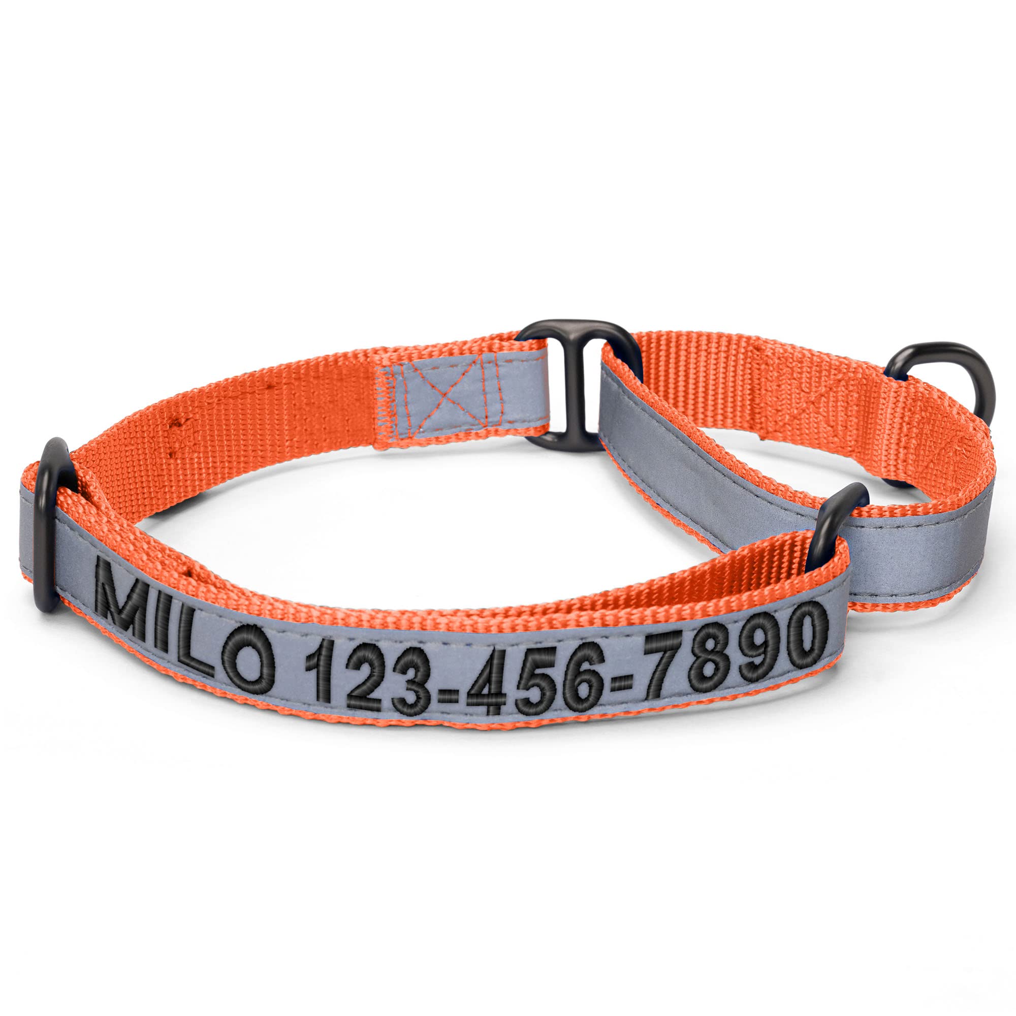 Custom Embroidered Reflective Martingale Dog Collar with Name & Phone Number - Adjustable Puppy Collar for Small Medium Large Dogs - Orange Pet Safety Gear for Night Walks & Outdoor Adventures