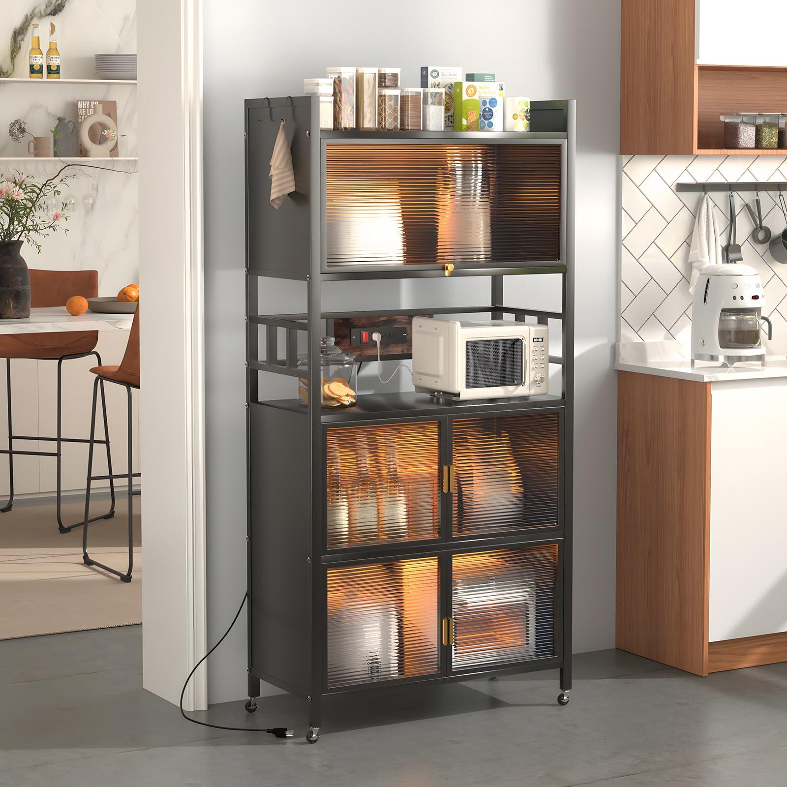 5-Tier Rolling Bakers Rack with Power Outlet & Hooks - Heavy Duty Microwave Stand, Coffee Station & Kitchen Storage Shelf for Spices, Pots, Pans - Perfect for Small Kitchens, Bakeries & Coffee Shops (Black)