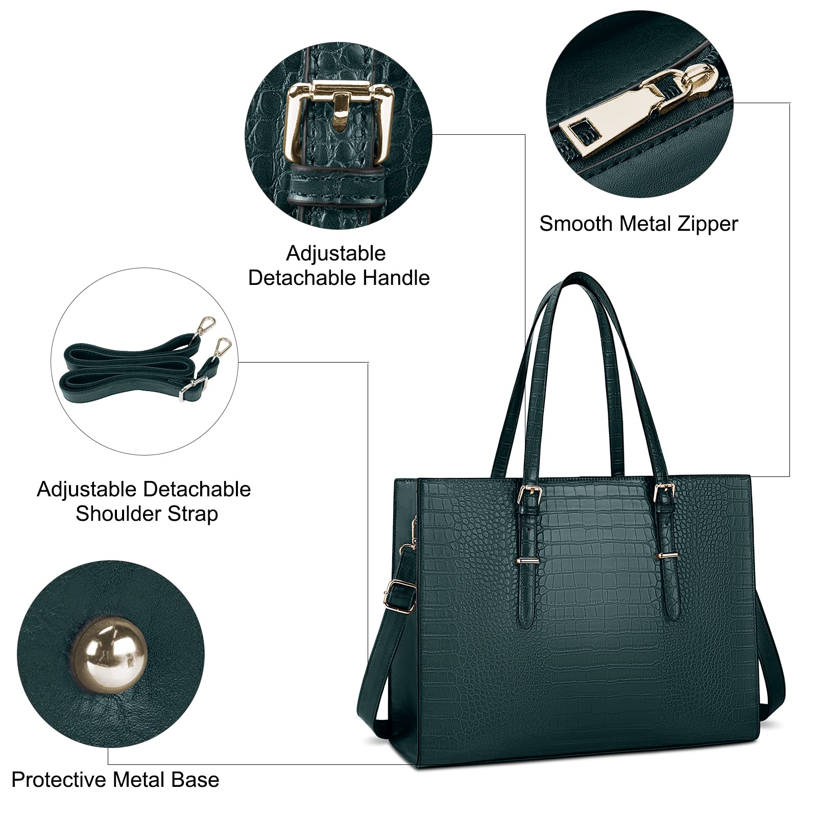 15.6 Inch Leather Laptop Tote Bag for Women - Waterproof Professional Business Office Shoulder Bag, Dark Green, Large Capacity, Ideal for Work, Travel, and Daily Commute