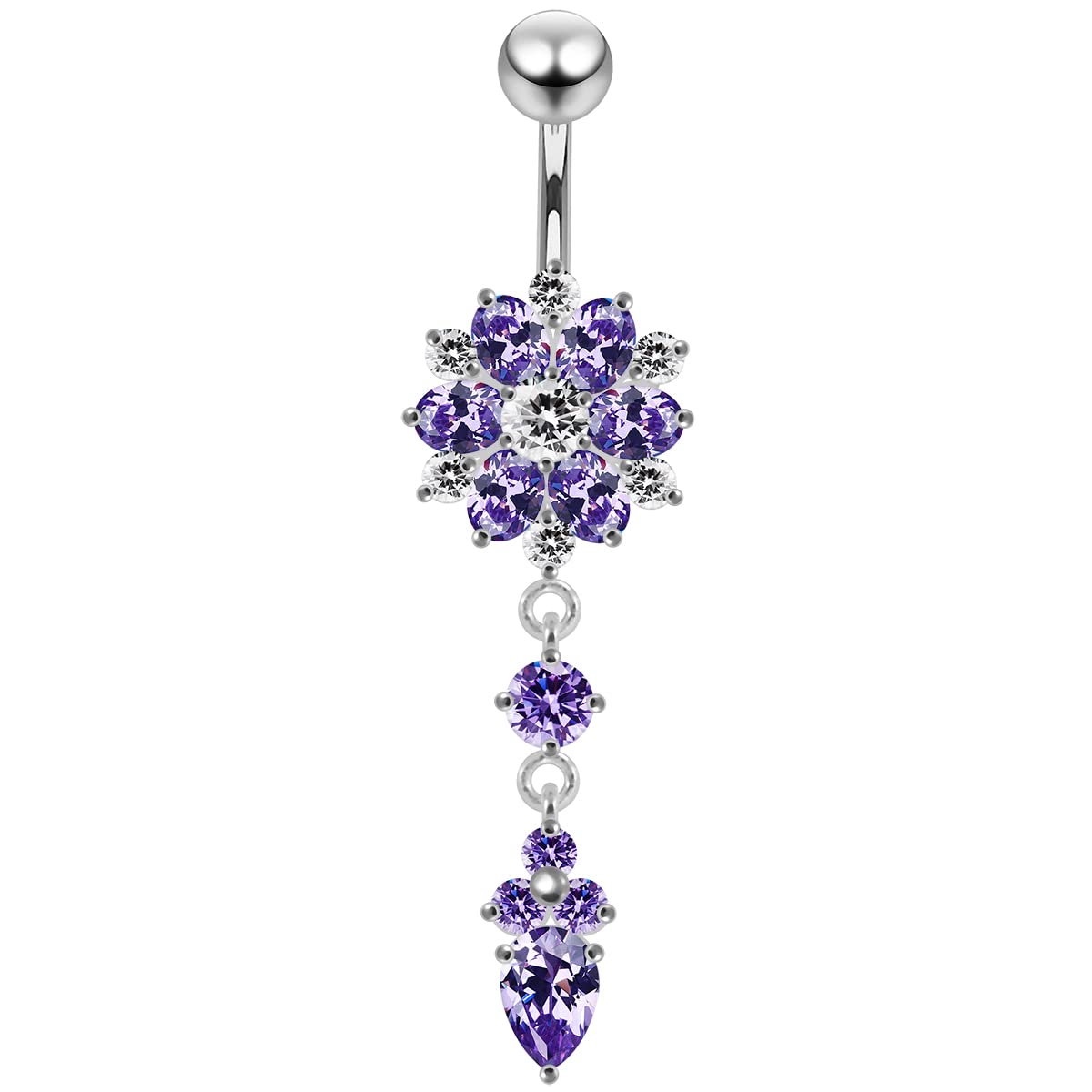 AZARIO LONDON Sterling Silver Belly Ring - Double Layer Flower Design with CZ Stones & Dangling Flower Tail | 925 Silver Navel Piercing Jewelry for Women | Perfect for Parties, Beach Wear & Body Jewelry Collection