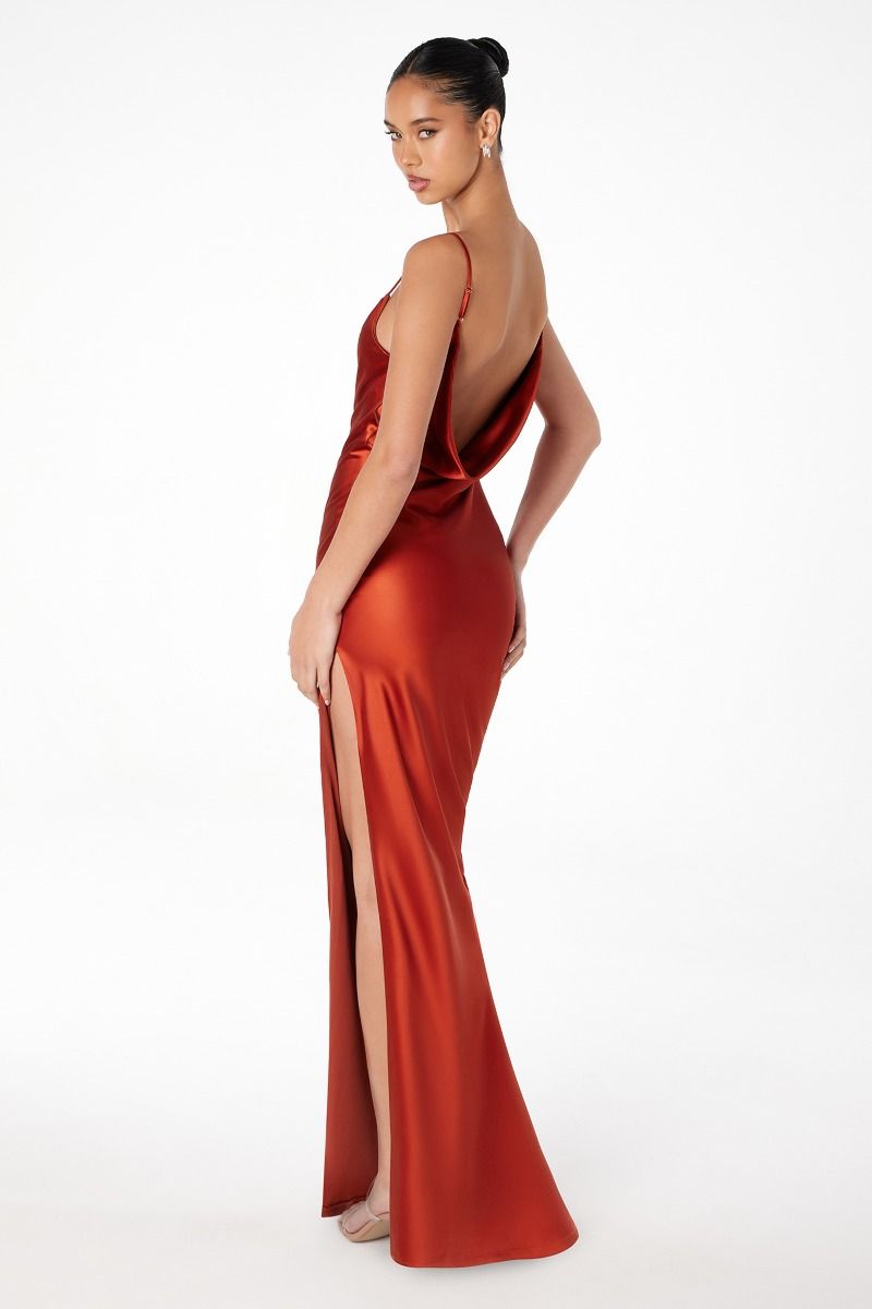 Lina Maxi Dress - Cowl Neck Front & Draped Back Fitted Satin Evening Gown for Women | Perfect for Weddings, Parties & Special Occasions