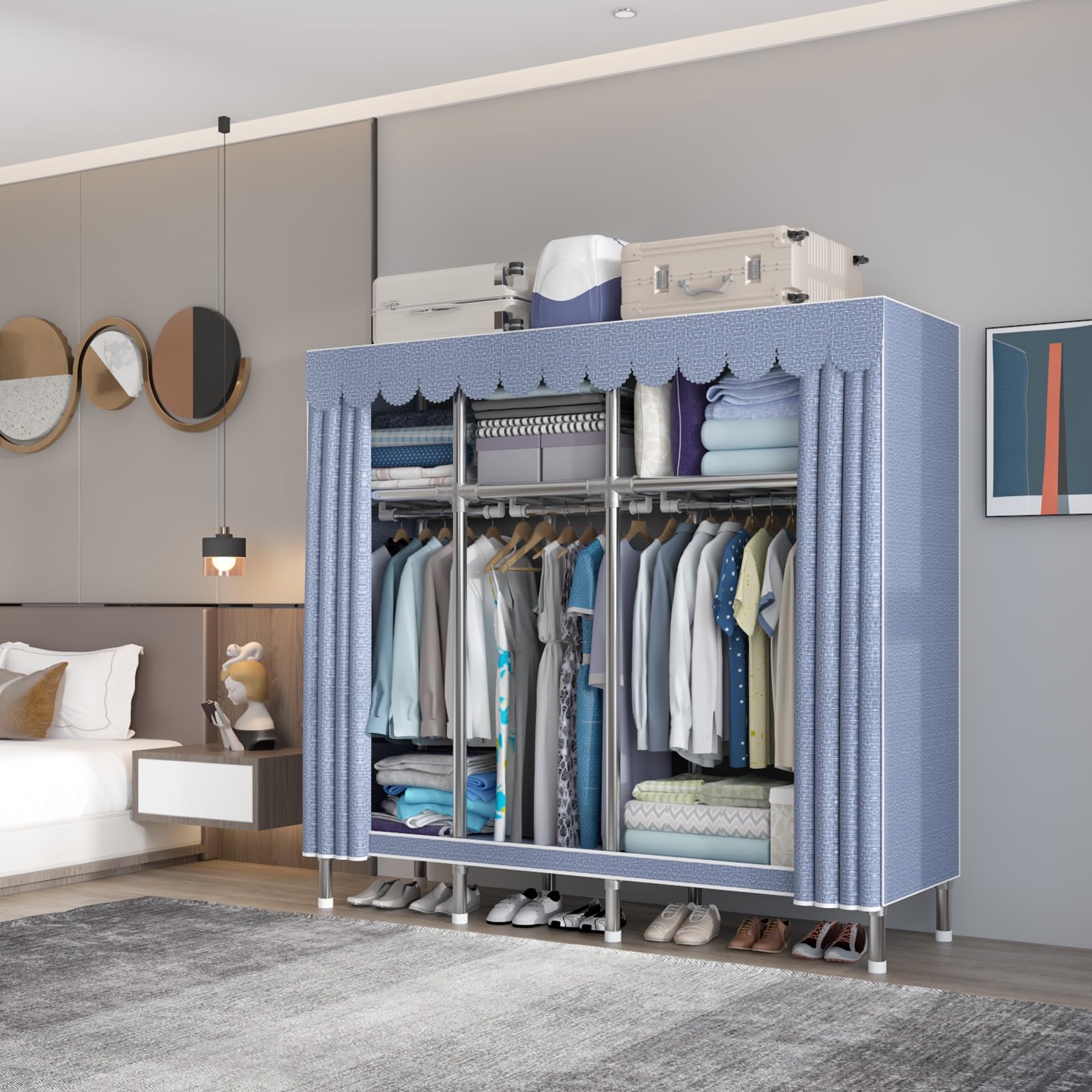 59 Inch Portable Wardrobe Closet - Heavy Duty Steel Hanging Rack with Polyester Cotton Fabric Cover - Moonlight Grey Storage Organizer for Bedroom, Closet, Dorm Room & Small Spaces