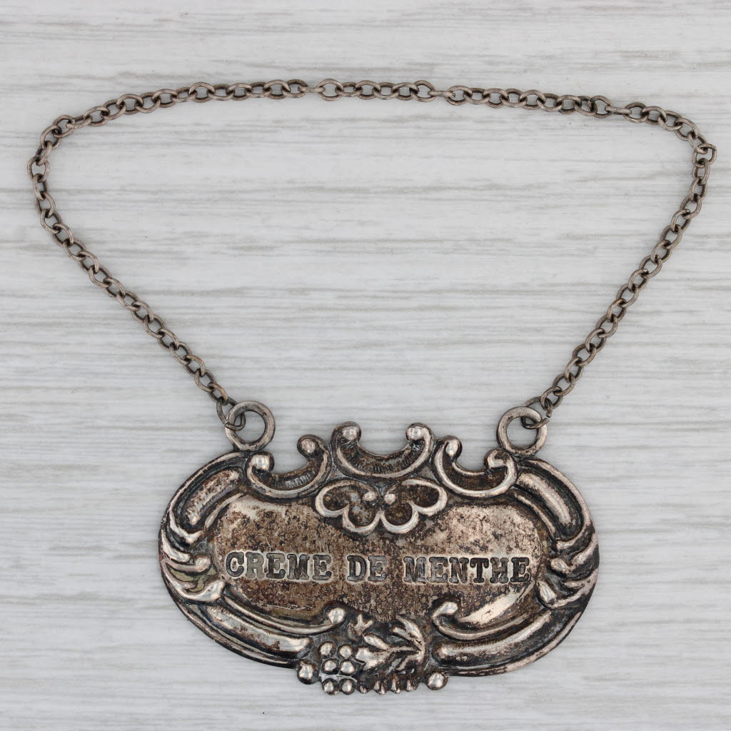 Vintage Creme De Menthe Decanter Bottle Charm - Sterling Silver Barware Tag with Ornate Design - Perfect for Cocktail Parties, Home Bars & Antique Collectors