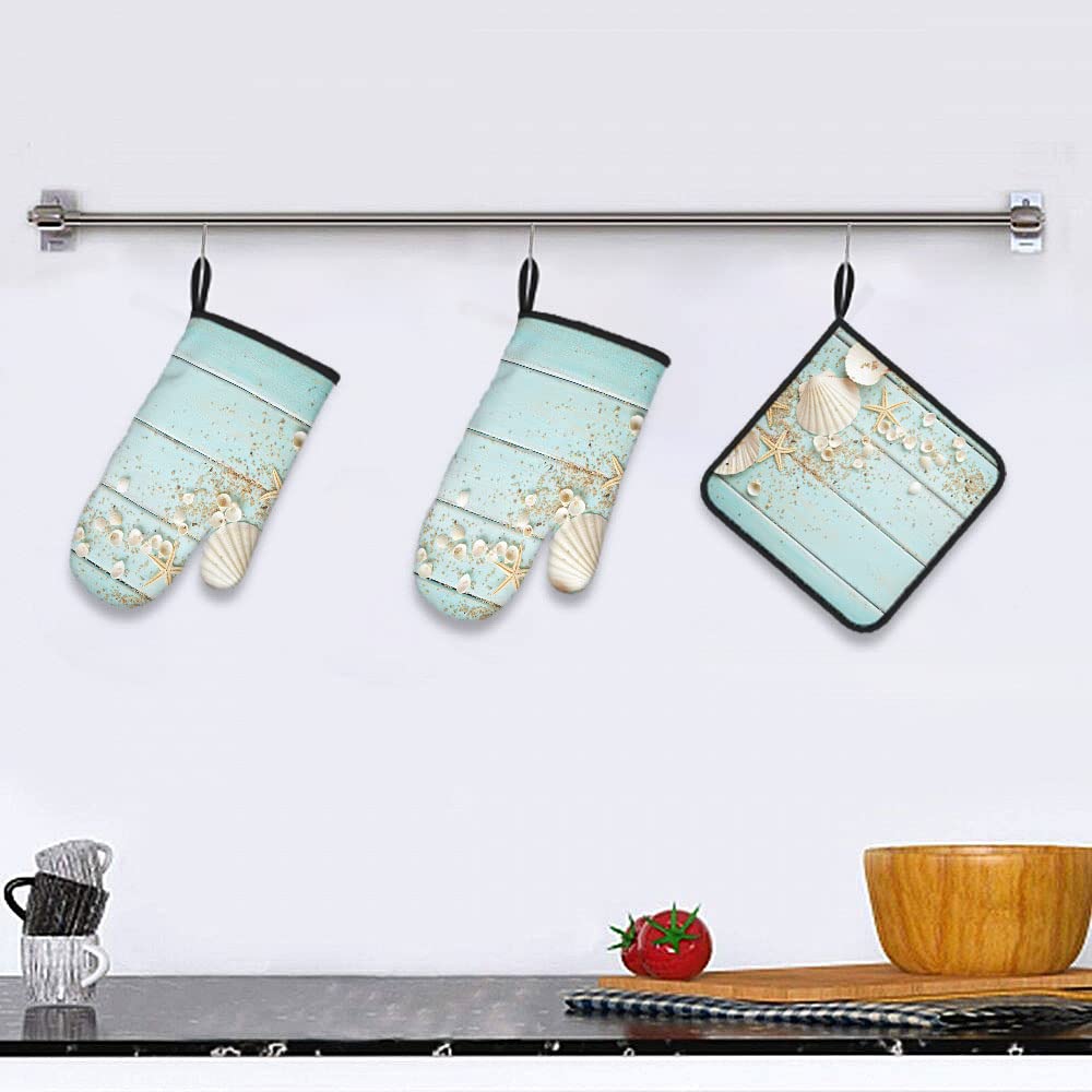Seashells Design Wooden Background Oven Mitts & Pot Holders Set of 3 - Heat Resistant BBQ Gloves for Kitchen Cooking Baking Grilling - Perfect for Women's Home Cooking & Outdoor BBQ Parties