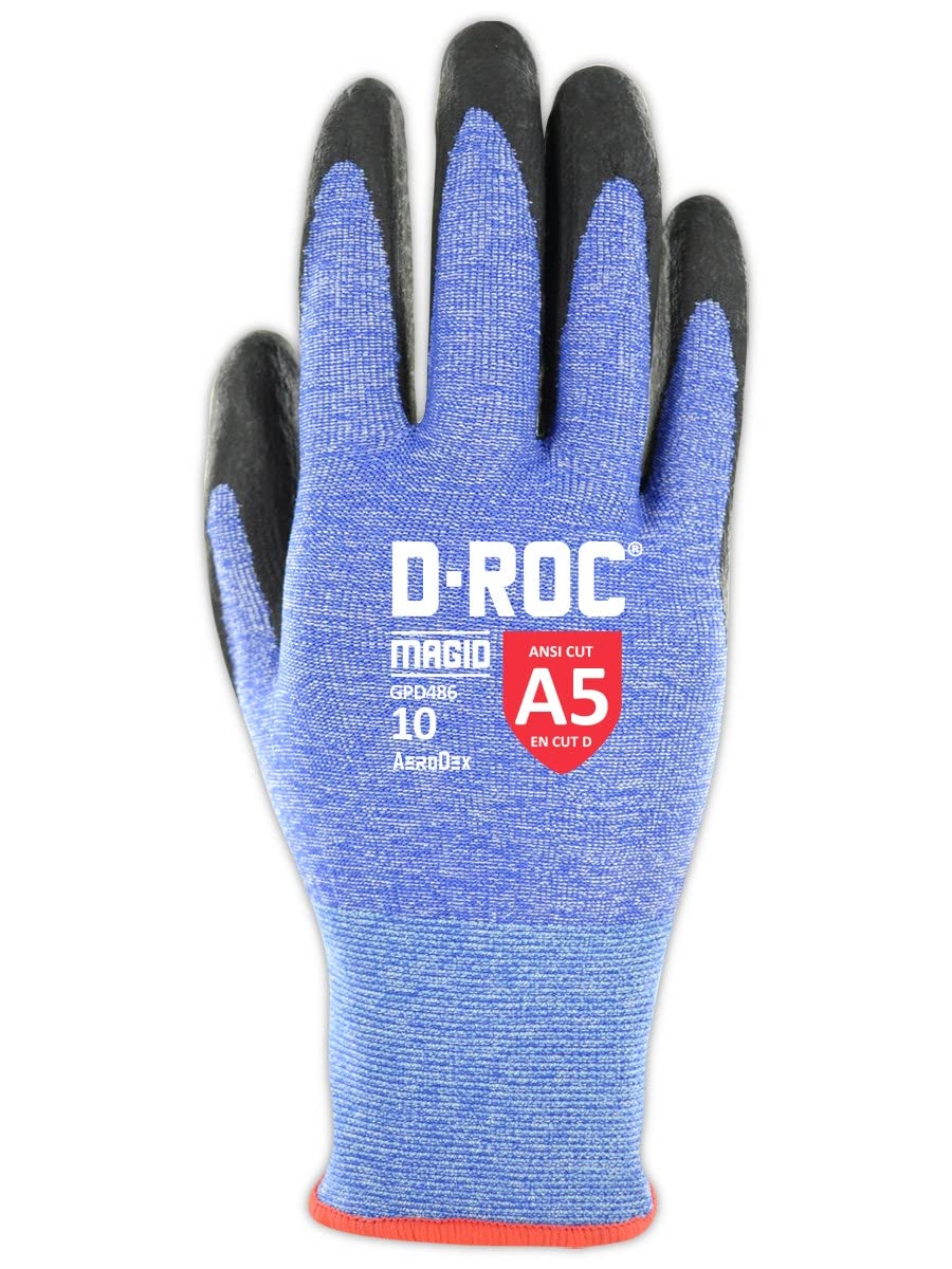 **ANSI A5 D-ROC AeroDex 18-Gauge Work Gloves, 12 Pairs - Foam Nitrile Coated, Size 8/Medium, Blue - Durable & Comfortable for Construction, Landscaping & DIY Projects**