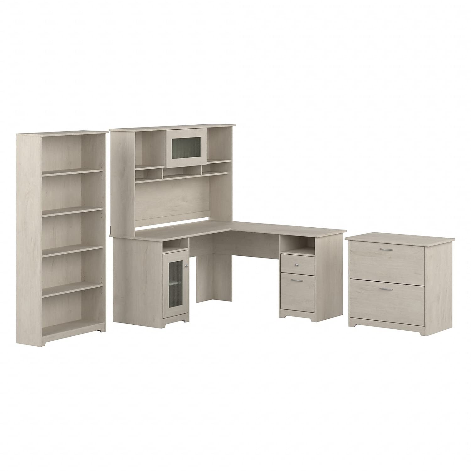 Bush Furniture Cabot Collection L-Shaped Corner Desk with Hutch, 5-Shelf Bookcase & Lateral File Cabinet - 60