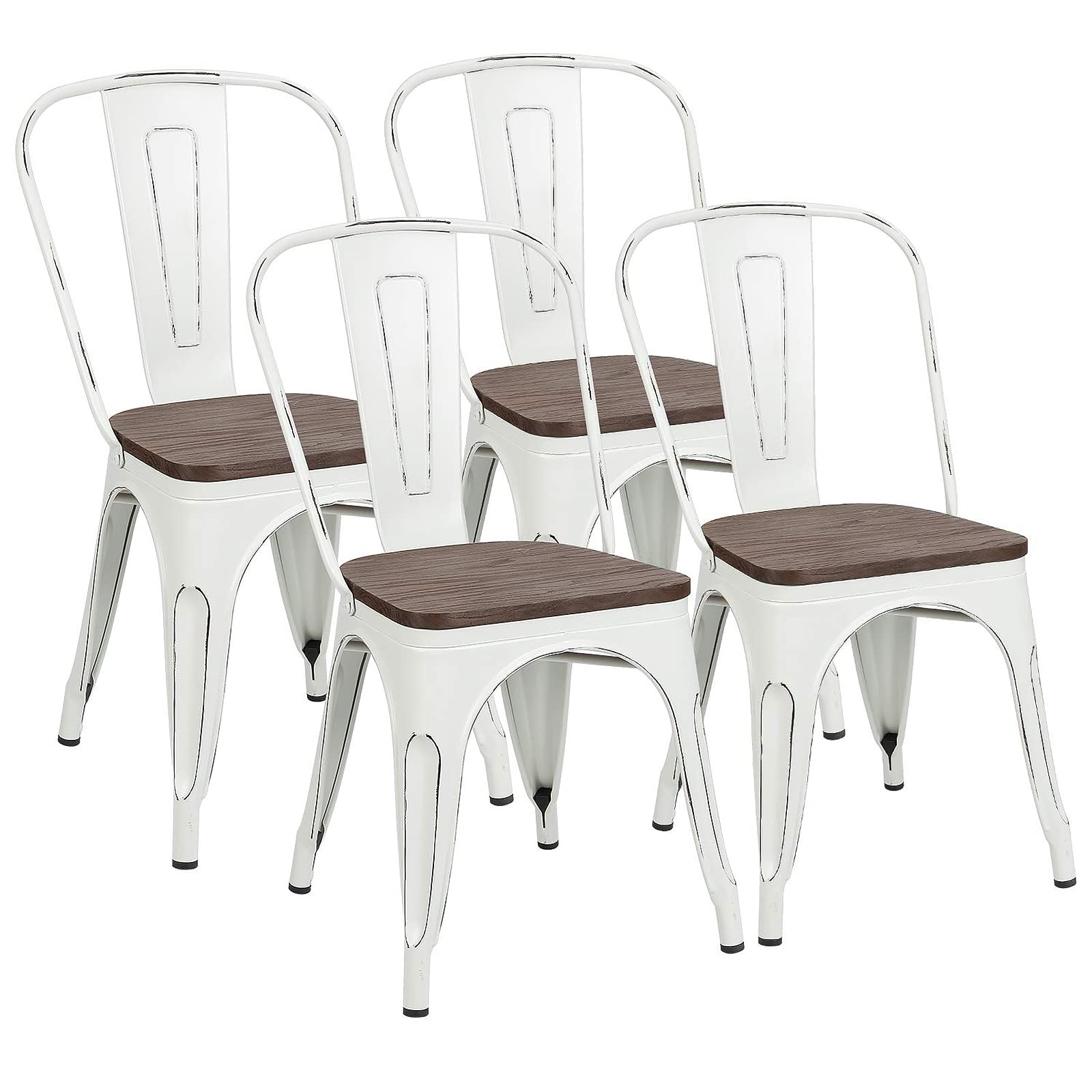 Furniwell 4-Pack Stackable Metal Dining Chairs with Wood Seat - Industrial Tolix Style Indoor/Outdoor Kitchen, Dining Room, Bistro & Cafe Chairs (White) - Perfect for Home, Restaurant and Patio Use