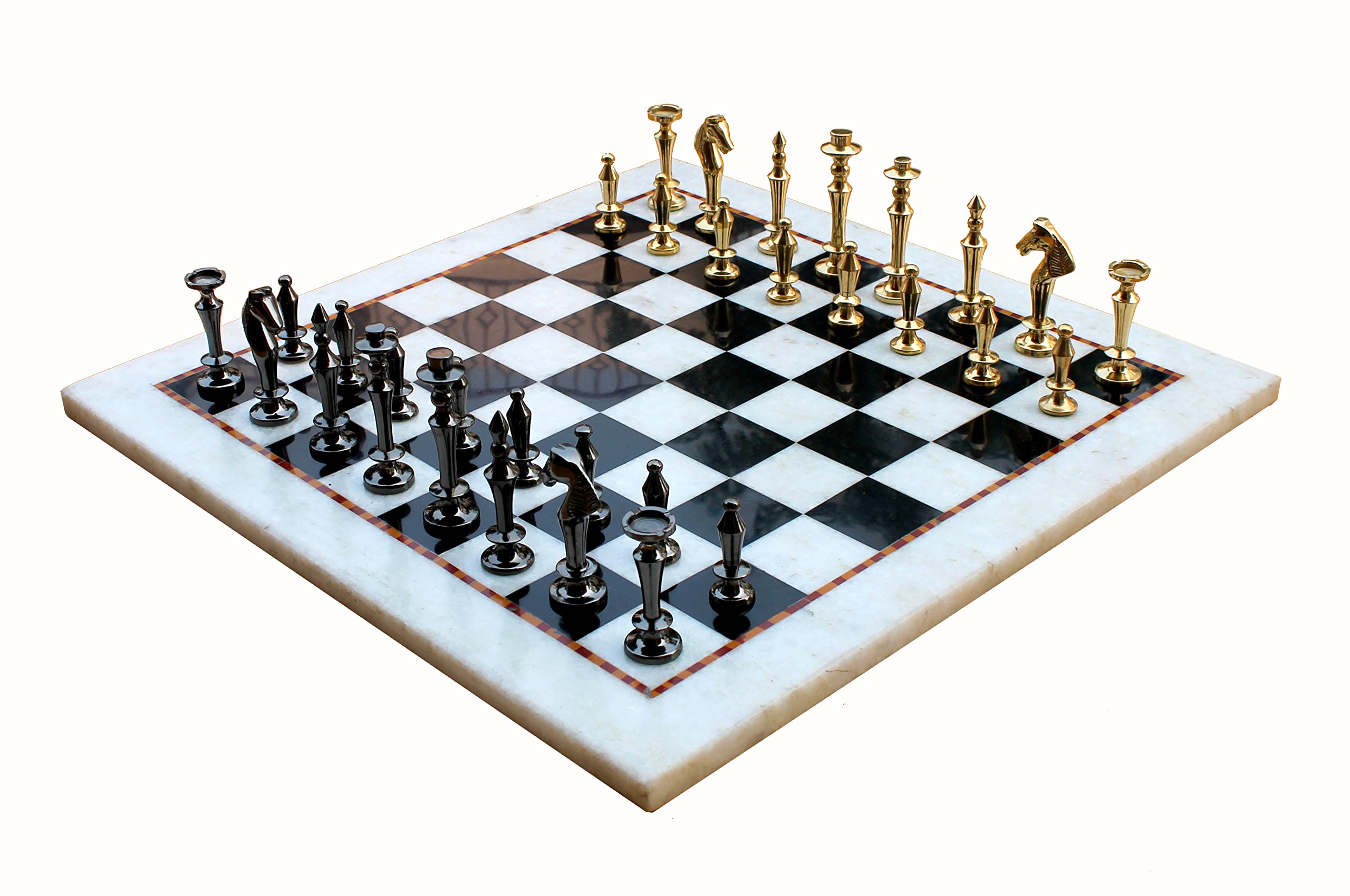 Premium White & Black Marble Chess Set with Brass Pieces - 15