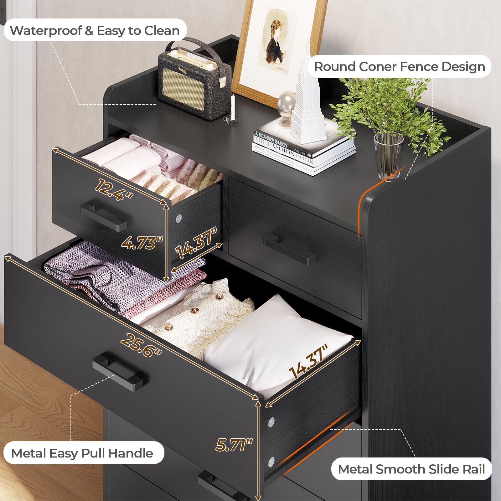 Hasuit Black 6 Drawer Dresser - Solid Wood Storage Chest with Large Capacity, Vertical Clothing Organizer for Bedroom, Hallway & Entryway | Perfect for Small Space Organization & Home Decor