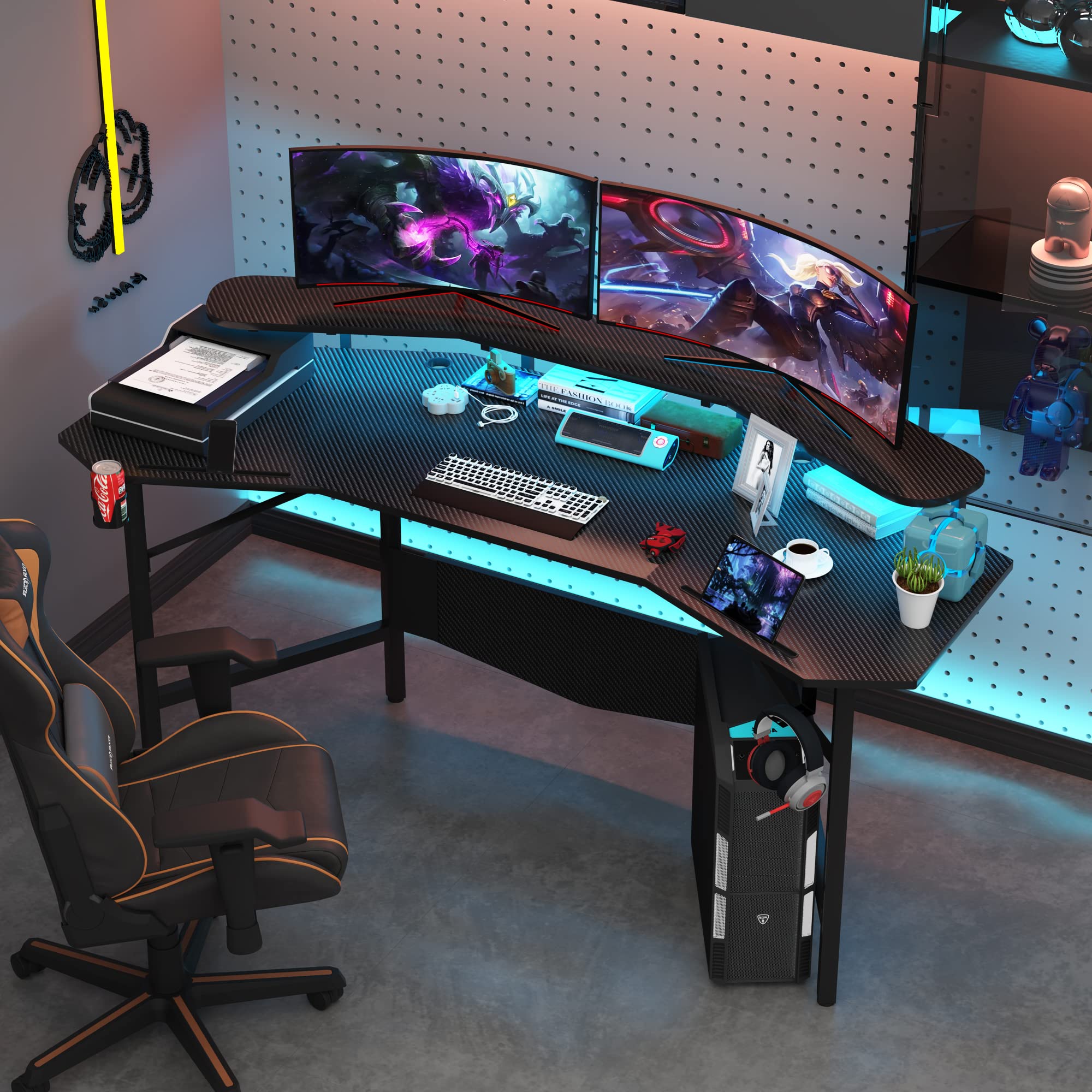 JoliJour 180 x 60 cm Ergonomic LED Gaming Desk with Cup Holder & Headphone Hook - Black Wing-Shaped Design with 2 Cable Management Grooves - Perfect for PC Gaming Setup, Streaming & Home Office Workspace