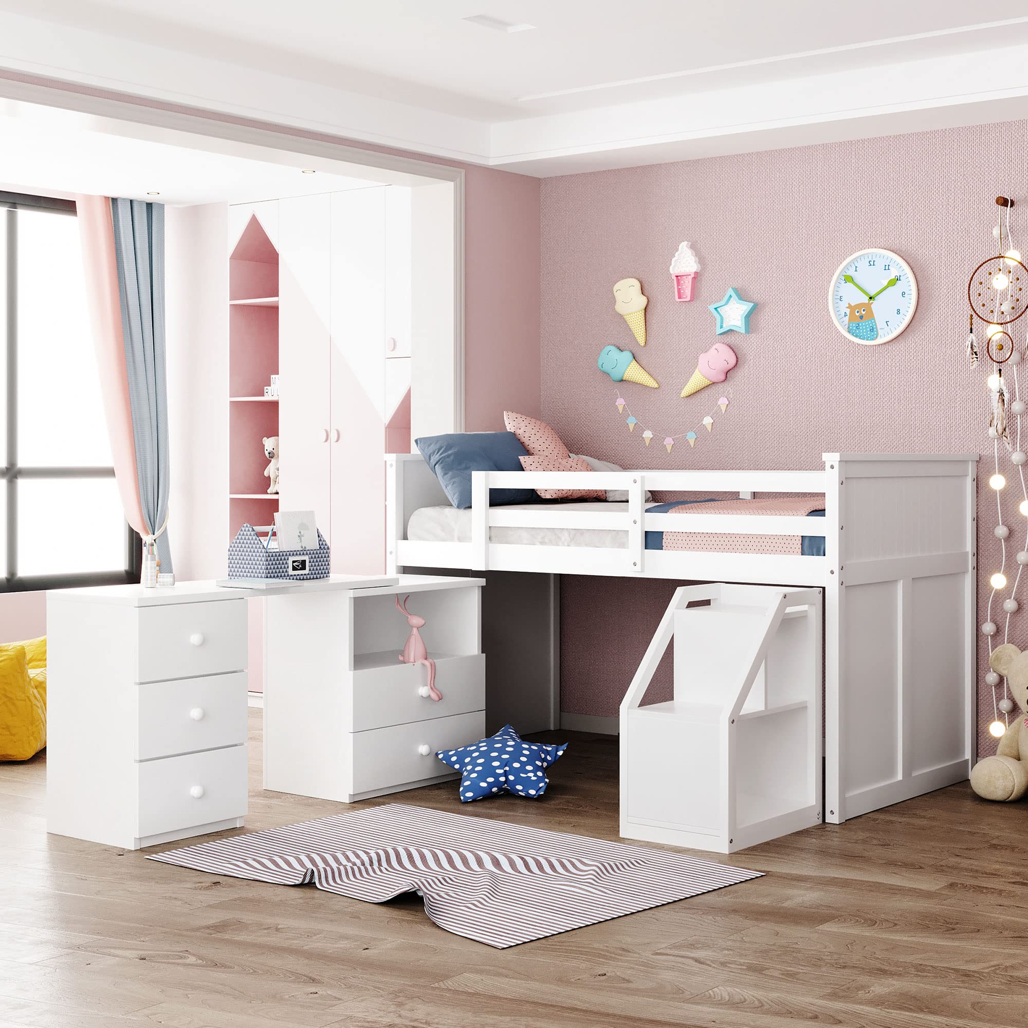 Twin Size Wooden Loft Bed with Storage Steps & Portable Desk - Sturdy Low Study Bed Frame for Teens & Kids - Space-Saving Solution for Small Bedrooms, Dorms & Apartments (White + Wood Finish)