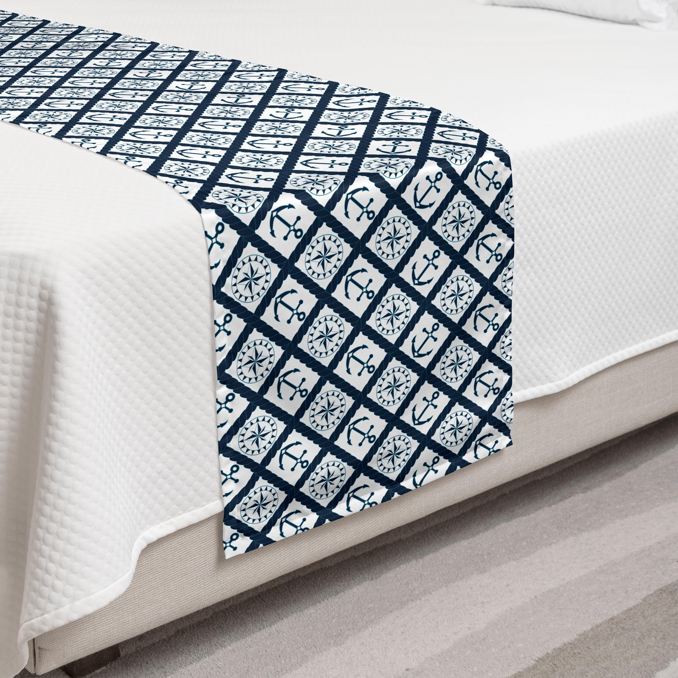 Ambesonne Navy Blue Nautical Bed Runner with Anchor and Windrose Stripes - Coastal Decor Bed Scarf for Twin Beds - Perfect for Beach House, Guest Room or Hotel Decor - Indigo and White Striped Design