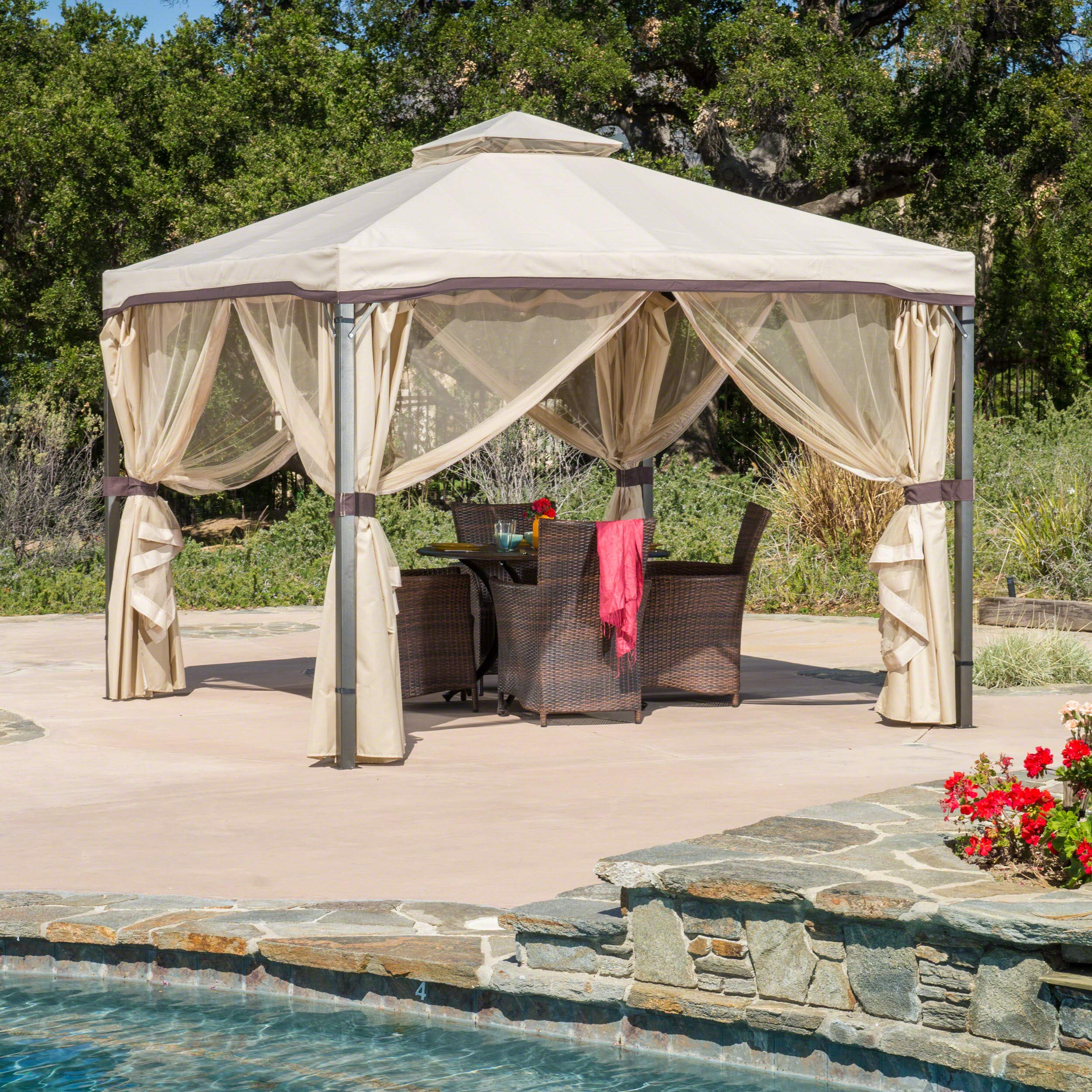 Christopher Knight Home CKH Outdoor Gazebo Canopy with Net Drapery - Beige Waterproof Patio Shade Cover for Garden, Backyard, and Poolside Relaxation