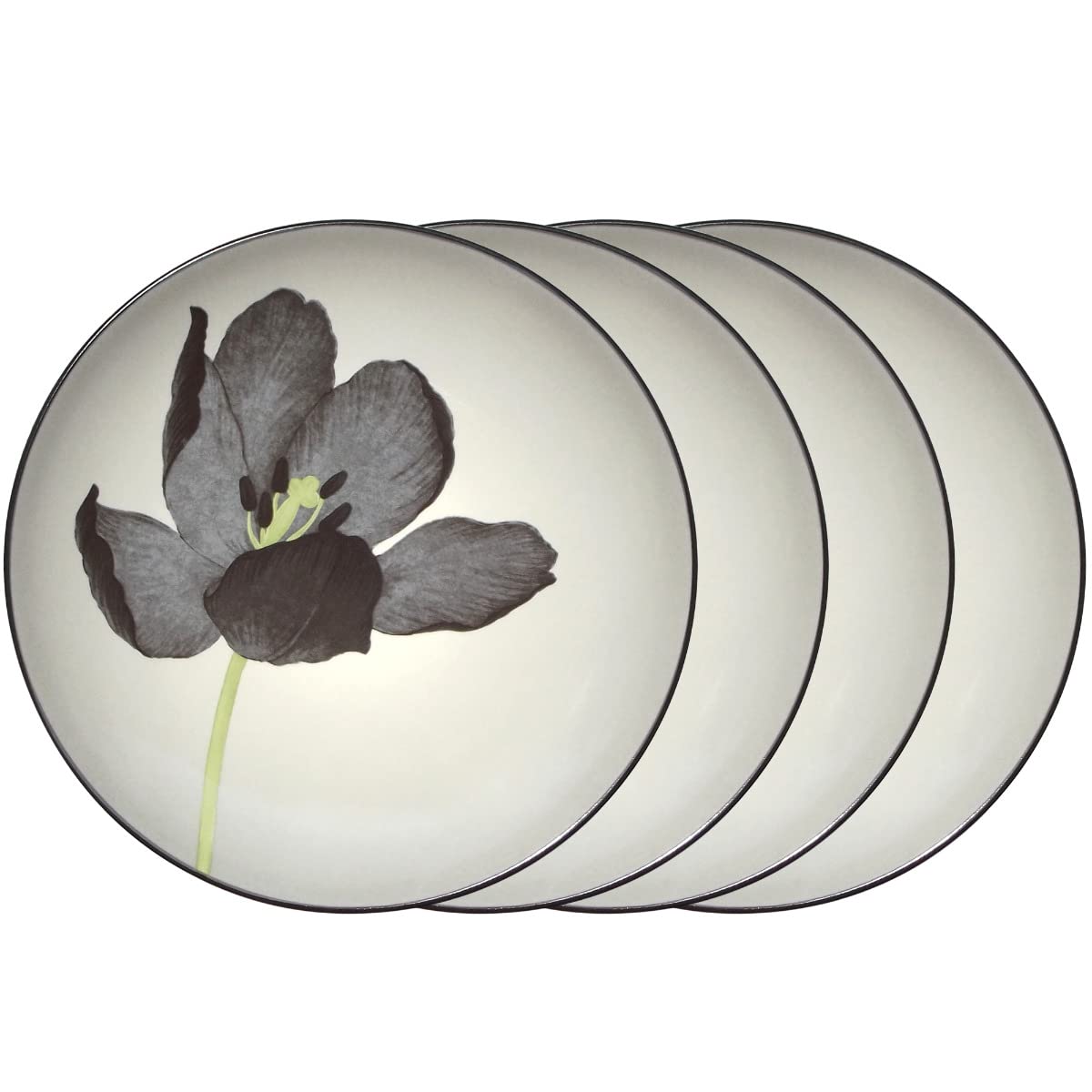 Noritake Colorwave Graphite Floral Black Velvet Tulip Accent Plates - Set of 4 Elegant Dinner Plates for Fine Dining, Wedding Decor, and Special Occasions