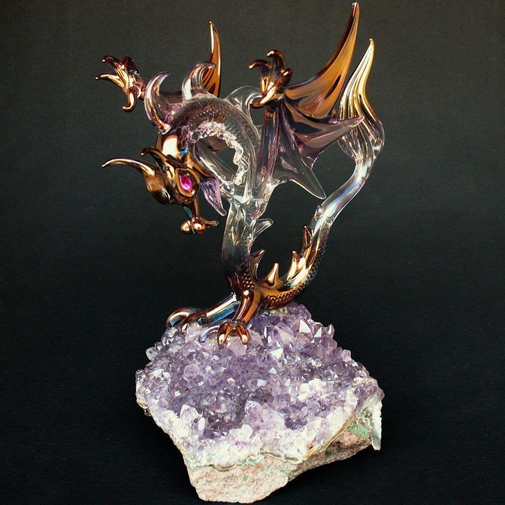 Hand Blown Glass Dragon Figurine with Wings - Flying Dragon Statue for Home Decor, Fantasy Collectibles & Gift Ideas | Perfect for Shelf Display, Office Desk & Medieval Theme Decorations
