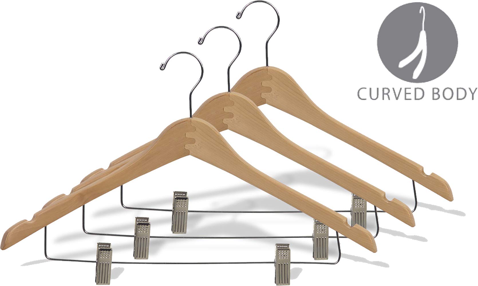 100-Pack Curved Wooden Hangers with Adjustable Cushion Clips - 17 Inch Natural Finish Hangers with Chrome Swivel Hooks & Notches for Shirts, Jackets & Dresses | Space-Saving Closet Organization Solution for Retail Stores & Home Wardrobes