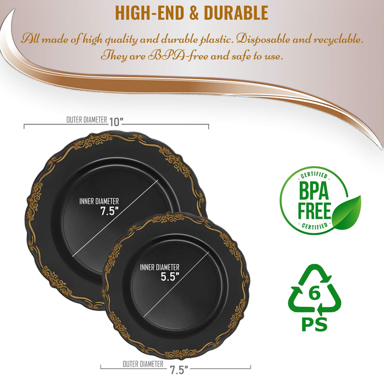 Elegant Disposable Plastic Plates Set - 120-Piece Black & Gold Dinnerware for Parties, Events & Catering - Perfect for Weddings, Birthdays & Outdoor Gatherings