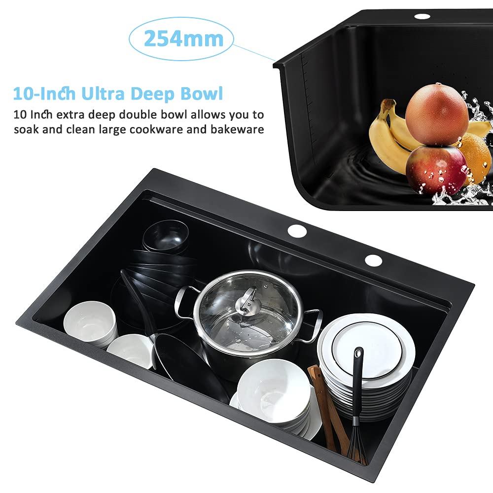 Bokaiya 33x19 Inch Black Stainless Steel Drop-In Kitchen Sink Workstation - 16 Gauge Deep Topmount Single Bowl with Cutting Board - Perfect for Meal Prep, Dishwashing & Small Space Kitchens