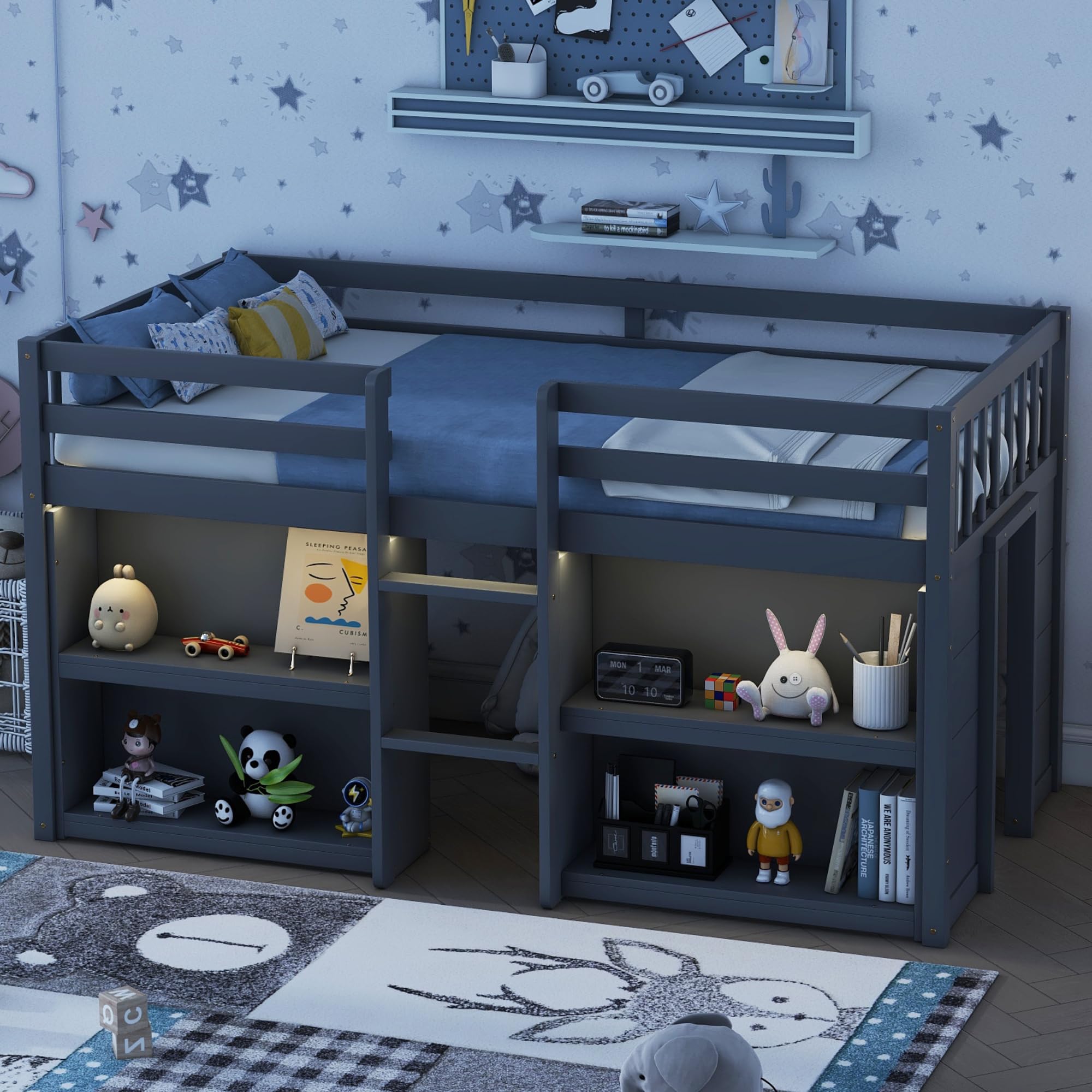 LED Twin Size Low Loft Bed with Storage Shelves & Built-in Lights - Space-Saving Kids Bed Frame for Boys & Girls, Grey - Perfect for Small Bedrooms, Dorm Rooms & Kids' Sleepovers