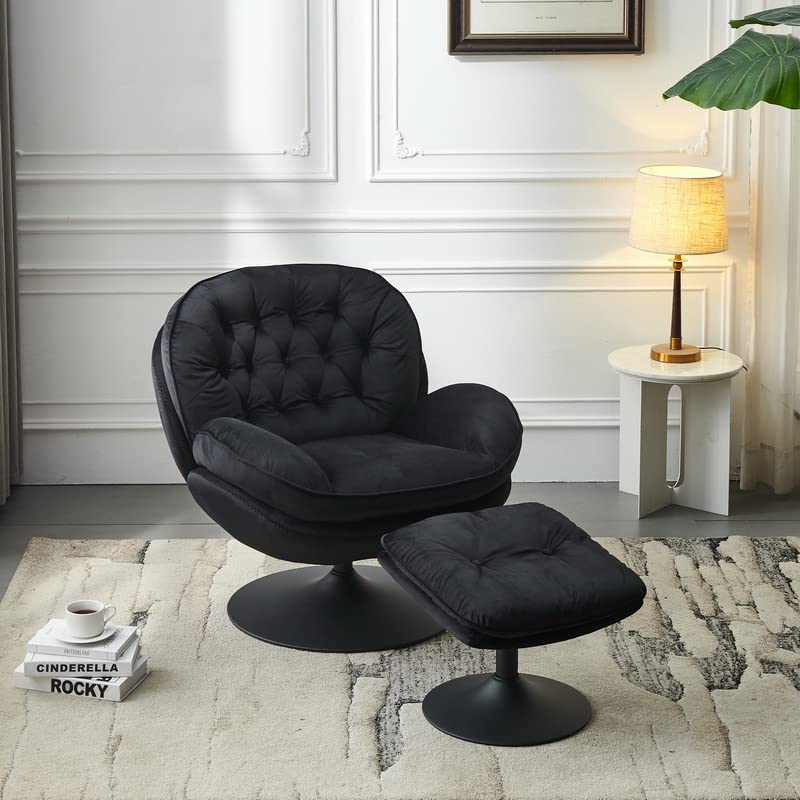 Modern Velvet Swivel Accent Chair with Ottoman Set - Large Metal Base Lounge Chair for Living Room, Home Office & Club - Stylish Comfort for Relaxing & Entertaining (Black)