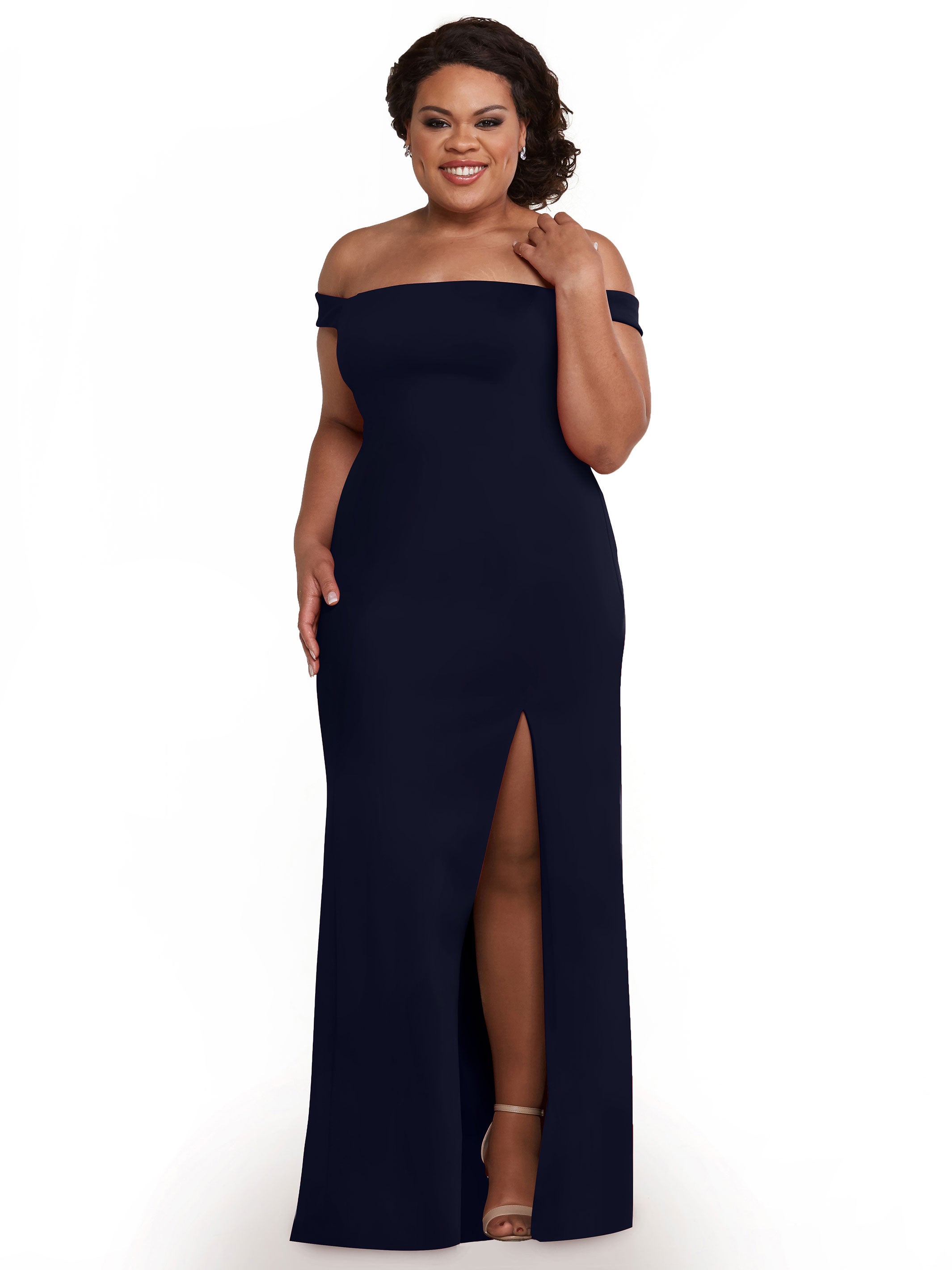 Elegant Off-the-Shoulder Double Knit Bridesmaid Dress with Thigh Slit - Perfect for Weddings, Prom & Formal Events