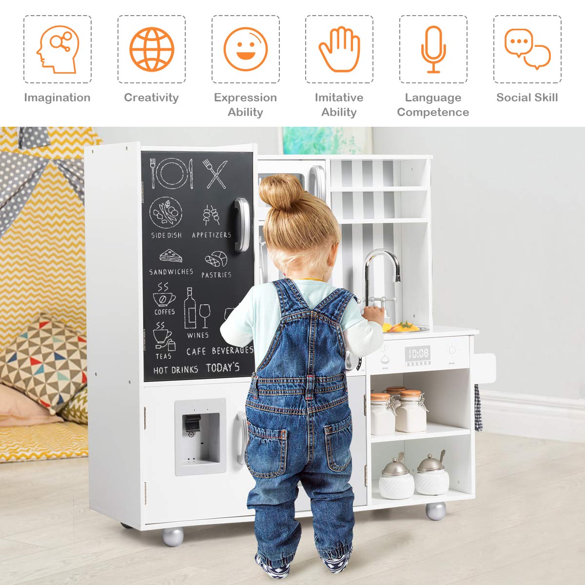 Fireflowery Kids Kitchen Playset - Pretend Play Kitchen for Toddlers with Simulated Sound, Utensils, Blackboard, Sink & Stovetop - Modern Wooden Toy Kitchen Set for Ages 3+ | Perfect for Role Play, Birthday Gifts & Early Learning Development